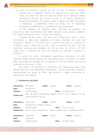 ITAPETININGA TRANSPARENTE, DEMOCRÁTICA E LEGAL: CONTRIBUIÇÃO PARA AS ELEIÇÕES 2012
Gestão Roberto Ramalho Tavares – Governando para Todos
Assessoria de Projetos Especiais e Controle Interno
Secretaria de Gabinete
38
 Fixar um percentual mínimo de 1,5% ou 2,0% da Receita Corrente
Líquida para o pagamento efetivo de precatórios a cada ano. Deste
valor, ao menos 50% deve ser pago de acordo com a seguinte ordem:
precatórios detidos por idosos (acima de 60 anos), precatórios
detidos por pessoas com doenças graves e depois em ordem cronológica
e obedecendo a preferência dentro do mesmo ano de expedição,
precatórios alimentares e os precatórios não alimentares.
Os 50% restantes do montante anual destinado ao pagamento de
precatórios serão distribuídos pelo Poder Executivo entre leilão, pagamento
por ordem crescente de valor e acordo com credores.
O Estado de São Paulo, por dois anos consecutivos (2010 e 2011)
oficializou a opção pelo pagamento em ordem crescente de valor por
precatório: Decreto n° 55.529/10, para o exercício de 2010, e o Decreto n°
56.646/11, para o exercício de 2011. Para o exercício de 2012, dos 50%
restantes, optou-se pelo pagamento de 47% por meio de leilão, e 3% por
ordem única e crescente de valor por precatório, conforme o Decreto nº
57.658/11.
A partir de 2010, informações específicas referentes às OPVs
continuam sendo obtidas através da Procuradoria Geral do Estado e os dados
sobre os precatórios poderão ser consultados no site do Tribunal de Justiça
do Estado de São Paulo - TJSP.
Para honrar os precatório a Prefeitura de Itapetininga optou pelo
Regime Especial e tem depositado mensalmente o valor estipulado, cabendo à
regularização por parte do TJSP, que definiu a ordem cronológica do
recebimento dos credores
1. Precatórios Quitados
Precatório: 8369/2002 Ordem: 4/2004 Autos: 3585/99
Ação: Anulatória
Comarca: Itapetininga Vara: 3ª Vara Cível
Credor(es):
Esp. De Paulo Pederneiras Vampre. R/P/I/ e O/O (Alberto G. da
Rocha Azevedo Junior)
Precatório: 2725/1998 Ordem: 4/1999 Autos: 589/93
Ação: Anulatória de Débito Fiscal
Comarca: Itapetininga Vara: 1ª Vara Cível
Credor(es): Centro Cult. Brasil Est. Unidos– CCBEU (Secr. Promoção Social)
Precatório: 5185/2005 Ordem: 1/2007 Autos: 2581/02
Ação: Cobrança
Comarca: Itapetininga Vara: 2ª Vara Cível
 