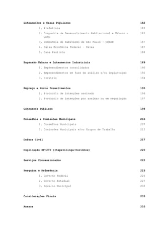 Loteamentos e Casas Populares 182
1. Prefeitura 183
2. Companhia de Desenvolvimento Habitacional e Urbano -
CDHU
185
3. Companhia de Habitação de São Paulo - COHAB 187
4. Caixa Econômica Federal – Caixa 187
5. Casa Paulista 188
Expansão Urbana e Loteamentos Industriais 189
1. Empreendimentos consolidados 190
2. Empreendimentos em fase de análise e/ou implantação 192
3. Diretriz 194
Emprego e Novos Investimentos 195
1. Protocolo de intenções assinado 196
2. Protocolo de intenções por assinar ou em negociação 197
Concursos Públicos 198
Conselhos e Comissões Municipais 206
1. Conselhos Municipais 207
2. Comissões Municipais e/ou Grupos de Trabalho 212
Defesa Civil 217
Duplicação SP-270 (Itapetininga-Ourinhos) 220
Serviços Concessionados 222
Pesquisa e Referência 223
1. Governo Federal 225
2. Governo Estadual 227
3. Governo Municipal 232
Considerações Finais 233
Anexos 235
 