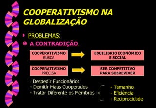 COOPERATIVISMO NA GLOBALIZAÇÃO PROBLEMAS: A CONTRADIÇÃO   COOPERATIVISMO BUSCA EQUILIBRIO ECONÔMICO E SOCIAL COOPERATIVISMO PRECISA SER COMPETITIVO PARA SOBREVIVER -  Despedir Funcionários - Demitir Maus Cooperados - Tratar Diferente os Membros - Tamanho - Eficiência - Reciprocidade 