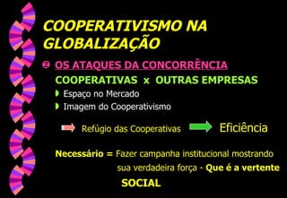 COOPERATIVISMO NA GLOBALIZAÇÃO OS ATAQUES DA CONCORRÊNCIA COOPERATIVAS  x  OUTRAS EMPRESAS Espaço no Mercado Imagem do Cooperativismo Refúgio das Cooperativas   Eficiência Necessário =  Fazer campanha institucional mostrando   sua verdadeira força -  Que é a vertente SOCIAL 