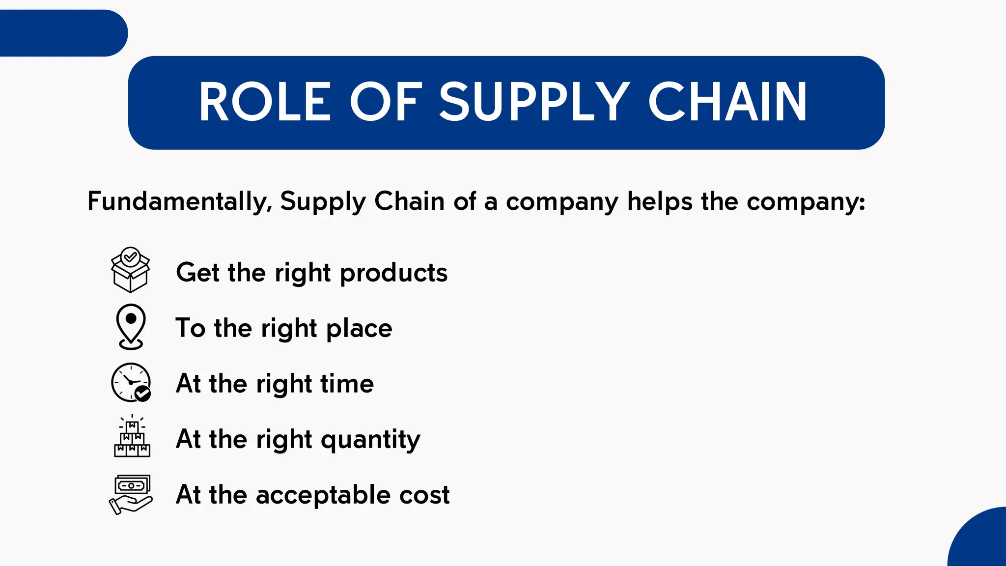 Get the right products
To the right place
At the right time
At the right quantity
At the acceptable cost
ROLE OF SUPPLY CHAIN
Fundamentally, Supply Chain of a company helps the company:
 