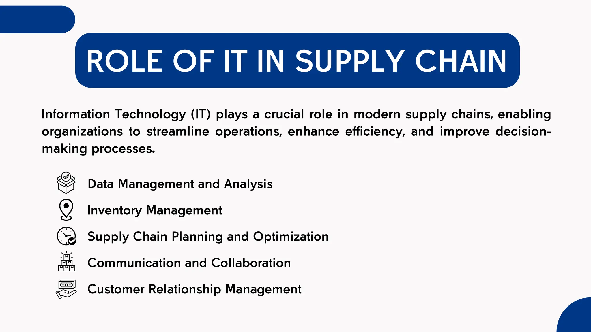 Data Management and Analysis
Inventory Management
Supply Chain Planning and Optimization
Communication and Collaboration
Customer Relationship Management
ROLE OF IT IN SUPPLY CHAIN
Information Technology (IT) plays a crucial role in modern supply chains, enabling
organizations to streamline operations, enhance efficiency, and improve decision-
making processes.
 