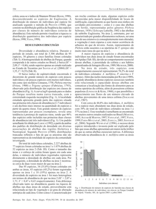 TRUYLIO & HARTER-MARQUES

394

coleta, usou-se o índice de Shannon-Wiener (KREBS, 1998),
desconsiderando as espécies de Euglossina. A
distribuição do número de indivíduos por espécie foi
analisada segundo o método de PRESTON (1948), que
consiste na distribuição gráfica da freqüência das espécies
por classes de número de indivíduos (oitavas de
abundância). Este método permite visualizar a riqueza e a
distribuição quantitativa dos indivíduos por espécie
(KREBS, 1998; VIANA, 1999).
RESULTADOS E DISCUSSÃO
Diversidade e abundância relativa. Durante o
período de estudo, um total de 3.306 abelhas de 95
espécies, 38 gêneros e cinco famílias foram coletadas
(Tab. I). A homogeneidade de abelhas do Parque, quando
comparada à de outros estudos no Brasil, é baixa (H’ =
2,09, J’ = 0,46), sendo superior apenas ao estudo realizado
no Estado de Tocantins por SANTOS et al. (2004) (H’ =
1,55, J’ = 0,35) (Tab. II).
O baixo índice de eqüitatividade encontrado é
decorrente do grande número de espécies com poucos
indivíduos e de poucas espécies com muitos indivíduos,
tais como Apis mellifera Linnaeus, 1758, Plebeia emerina
(Friese, 1900) e Trigona spinipes (Fabricius, 1793),
observado pela distribuição das espécies em classes de
abundância (Fig. 1). A curva logN ajustada para os dados
do Parque resultou numa curva truncada, com a
extremidade esquerda incompleta (Fig. 1). A localidade
estudada apresenta grande parte das espécies situada
nas primeiras três classes de abundância (1-7 indivíduos)
e um declínio mais intenso na quantidade de espécies a
partir da quarta classe. Este grande número de espécies
representadas por poucos exemplares, revela uma
tendência à presença de espécies raras, sendo que 46%
das espécies estão incluídas nas primeiras duas classes
de abundância (até três indivíduos) (Fig. 1). Um padrão
semelhante foi obtido por LAROCA (1992), a partir da análise
dos padrões de distribuição de densidade em diversas
associações de abelhas das regiões Holártica e
Neotropical. Segundo PRESTON (1948), distribuições
truncadas refletem o fato de que as amostras não são
representativas da totalidade de espécies da comunidade
investigada.
Do total de indivíduos coletados, 2.227 abelhas de
77 espécies foram coletadas na área 1 e 1.079 abelhas de
52 espécies na área 2 (Tab. III). Como o tamanho das
áreas e o esforço de coleta foram iguais em cada uma
delas, o número de indivíduos registrados representa
diretamente a densidade de abelhas em cada área. Por
conseguinte, a densidade de abelhas na área 1 mostrouse cerca de duas vezes maior do que na área 2.
Das 95 espécies, 34 (35,8%) foram coletadas em
ambas as áreas, 43 espécies (45,2%) foram registradas
apenas na área 1 e 18 (19%) apenas na área 2. A
diversidade de espécies na área 1 foi mais heterogênea
em termos de abundância do que na área 2 (H’ = 2,07 e
1,71; J’ = 0,47 e 0,43 respectivamente). Esta diferença
observada tanto na abundância quanto na riqueza de
abelhas nas duas áreas de estudo, provavelmente está
relacionada ao tipo de vegetação e ao grau de alteração
antrópica de cada área. Como a área 1 é caracterizada por

um trecho contínuo de mata, algumas espécies estão
favorecidas pela maior disponibilidade de locais de
nidificação, especialmente as que fazem seus ninhos em
cavidades pré-existentes - como é o caso das abelhas
sem ferrão, representadas pelos gêneros Plebeia
Schwarz, 1938 e Xylocopa Latreille, 1802 e das abelhas
da subtribo Euglossina. Na área 2, entretanto, por ser
caracterizada por grandes afloramentos rochosos, ser uma
área de uso extensivo (e conseqüentemente mais alterada),
a vegetação é mais esparsa e com maior ocorrência de
arbustos do que de árvores. Assim, representantes de
Plebeia estão ausentes e as operárias de T. spinipes são
muito mais raras do que na área 1.
A maior riqueza de espécies e abundância de
indivíduos nas duas áreas de estudo foram encontradas
em Apidae (Tab. III), devido ao comportamento eussocial
dessas abelhas, à perenidade da colônia e aos hábitos
generalizados de forrageio (ROUBIK, 1989; MICHENER, 2000).
Na área de estudo, três espécies com
comportamento eussocial representaram 78,2% do total
de indivíduos coletados: A. mellifera, P. emerina e T.
spinipes. Além das razões mencionadas por ROUBIK (1989),
a grande abundância destas espécies eussociais também
está relacionada à capacidade dessas abelhas em
comunicar a localização das fontes de alimentos para as
outras operárias da colônia, além de possuírem colônias
populosas (LINDAUER & KERR, 1960), o que possibilita o
aparecimento nas flores de um número elevado de
abelhas provenientes de uma única colônia (SAKAGAMI
et al., 1967).
Com cerca de 44,8% dos indivíduos, A. mellifera
foi a espécie mais abundante nas duas áreas de estudo,
com 39% do total de indivíduos coletados na área 1 e
57% na área 2. Esse resultado é semelhante ao encontrado
em muitos outros estudos realizados no Brasil (MARTINS,
1995; AGUIAR & MARTINS, 1997; VIANA et al., 1997; VIANA,
1999; FARIA-MUCCI et al., 2003; ZANELLA, 2003; SANTOS et
al., 2004). Segundo WILMS et al. (1996), o sucesso desta
espécie introduzida e invasora pode ser explicado pelo
fato que essas abelhas apresentam um maior nicho trófico
do que as outras abelhas eussociais nativas. A diferença
observada na abundância de A. mellifera entre as áreas

Fig. 1. Distribuição do número de espécies de Apoidea nas classes de
abundância do número de indivíduos, em oitavas, no Parque Estadual
de Itapuã, Viamão, RS, de agosto/2003 a julho/2004.

Iheringia, Sér. Zool., Porto Alegre, 97(4):392-399, 30 de dezembro de 2007

 