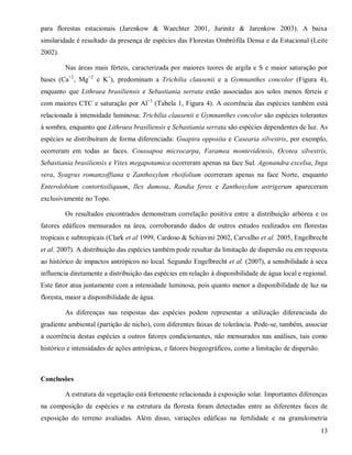 para florestas estacionais (Jarenkow & Waechter 2001, Jurinitz & Jarenkow 2003). A baixa
similaridade é resultado da presença de espécies das Florestas Ombrófila Densa e da Estacional (Leite
2002).
Nas áreas mais férteis, caracterizada por maiores teores de argila e S e maior saturação por
bases (Ca+2, Mg+2 e K+), predominam a Trichilia clausenii e a Gymnanthes concolor (Figura 4),
enquanto que Lithraea brasiliensis e Sebastiania serrata estão associadas aos solos menos férteis e
com maiores CTC e saturação por Al+3 (Tabela 1, Figura 4). A ocorrência das espécies também está
relacionada à intensidade luminosa: Trichilia clausenii e Gymnanthes concolor são espécies tolerantes
à sombra, enquanto que Lithraea brasiliensis e Sebastiania serrata são espécies dependentes de luz. As
espécies se distribuíram de forma diferenciada: Guapira opposita e Casearia silvestris, por exemplo,
ocorreram em todas as faces. Coussapoa microcarpa, Faramea montevidensis, Ocotea silvestris,
Sebastiania brasiliensis e Vitex megapotamica ocorreram apenas na face Sul. Agonandra excelsa, Inga
vera, Syagrus romanzoffiana e Zanthoxylum rhoifolium ocorreram apenas na face Norte, enquanto
Enterolobium contortisiliquum, Ilex dumosa, Randia ferox e Zanthoxylum astrigerum apareceram
exclusivamente no Topo.
Os resultados encontrados demonstram correlação positiva entre a distribuição arbórea e os
fatores edáficos mensurados na área, corroborando dados de outros estudos realizados em florestas
tropicais e subtropicais (Clark et al 1999, Cardoso & Schiavini 2002, Carvalho et al. 2005, Engelbrecht
et al. 2007). A distribuição das espécies também pode resultar da limitação de dispersão ou em resposta
ao histórico de impactos antrópicos no local. Segundo Engelbrecht et al. (2007), a sensibilidade à seca
influencia diretamente a distribuição das espécies em relação à disponibilidade de água local e regional.
Este fator atua juntamente com a intensidade luminosa, pois quanto menor a disponibilidade de luz na
floresta, maior a disponibilidade de água.
As diferenças nas respostas das espécies podem representar a utilização diferenciada do
gradiente ambiental (partição de nicho), com diferentes faixas de tolerância. Pode-se, também, associar
a ocorrência destas espécies a outros fatores condicionantes, não mensurados nas análises, tais como
histórico e intensidades de ações antrópicas, e fatores biogeográficos, como a limitação de dispersão.

Conclusões
A estrutura da vegetação está fortemente relacionada à exposição solar. Importantes diferenças
na composição de espécies e na estrutura da floresta foram detectadas entre as diferentes faces de
exposição do terreno avaliadas. Além disso, variações edáficas na fertilidade e na granulometria
13

 