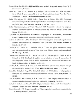 Brower, J.E. & Zar, J.H. 1984. Field and laboratory methods for general ecology. Iowa: W. C.
Brown Company Publishers.
Budke, J.C.; Giehl, E.L.H.; Athayde, E.A.; Eisinger, S.M. & Záchia, R.A. 2004. Florística e
fitossociologia do componente arbóreo de uma floresta ribeirinha, Arroio Passo das Tropas,
Santa Maria, RS, Brasil. Acta Botanica Brasilica 18: 581-589.
Budke, J.C.; Athayde, E.A ; Giehl, E.L.H. ; Záchia, R.A. & Eisinger, S.M. 2005. Composição
florística e estratégias de dispersão de espécies lenhosas em uma floresta ribeirinha, arroio Passo
das Tropas, Santa Maria, RS, Brasil. Iheringia, sér. bot. 60(1): 17-24.
Budke, J.C.; Jarenkow, J.A. & Oliveira-Filho, A.T. 2007. Relationships between tree component
structure, topography and soils of a riverside forest, Rio Botucaraí, Southern Brazil. Plant
Ecology 189: 187-200.
CQFS/NRS.2004. Recomendações de adubação e calagem para os Estados do Rio Grande do Sul
e Santa Catarina. 10. ed. Porto Alegre: Embrapa/CNPT/Núcleo Regional Sul.
Cardoso, E. & Schiavini, I. 2002. Relação entre distribuição de espécies arbóreas e topografia em um
gradiente florestal na Estação Ecológica do Panga (Uberlândia, MG). Revista Brasileira de
Botânica 25: 277-289.
Carvalho, L.M.T.; Fontes, M.A.L. & Oliveira Filho, A.T. 2000. Tree species distribution in canopy
gaps and mature forest in an area of cloud forest of the Ibitipoca Range, south-eastern Brazil.
Plant Ecology 149: 9-22.
Carvalho, D.A., Oliveira-Filho, A.T., Vilela, E.A., Curi, N., van den Berg, E., Fontes, M.A.L. &
Botezelli, L. 2005. Distribuição de espécies arbóreo-arbustivas ao longo de um gradiente de
solos e topografia em um trecho de floresta ripária do Rio São Francisco em Três Marias, MG,
Brasil. Revista Brasileira de Botânica 28: 329-345.
Chazdon, R. L., Williams, K. & Field, C. B. 1988. Interactions between crown structure and light
environment in five rainforest Piper species. American Journal of Botany 75: 1459-1471.
Chen, Z.C.; Hsieh, C.F.; Jiang, F.Y.; Hsieh, T.H. & Sun, I.F. 1997. Relations of soil properties to
topography and vegetation in a subtropical rain forest in southern Taiwan. Plant Ecology 132:
229-241.
Clark, D.A.; Clark, D.B.; Sandoval, R.M. & Castro, M.V.C. 1995. Edaphic and human effects on
landscape-scale distributions of tropical rain forest palms. Ecology 76: 2581-2594.
Clark, D.B.; Clark, D.A. & Read, J.M. 1998. Edaphic variation and the mesoscale distribution of tree
species in a tropical rain forest. Journal of Ecology 86: 101-112.
Donoso-Zegers, C. 1993. Bosques templados de Chile y Argentina: variación, estrutura y dinámica.
3. ed. Santiago: Editorial Universitária.
15

 