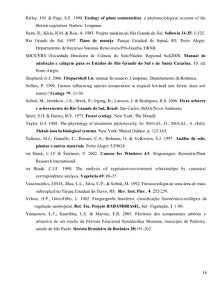 Rieley, J.O. & Page, S.E. 1990. Ecology of plant communities: a phytosociological account of the
British vegetation. Harlow: Longman.
Reitz, R.; Klein, R.M. & Reis, A. 1983. Projeto madeira do Rio Grande do Sul. Sellowia 34-35: 1-525.
Rio Grande do Sul. 1997. Plano de manejo: Parque Estadual de Itapuã, RS. Porto Alegre:
Departamento de Recursos Naturais Renováveis/Pró-Guaíba, DRNR.
SBCS/NRS (Sociedade Brasileira de Ciência do Solo/Núcleo Regional Sul)2004. Manual de
adubação e calagem para os Estados do Rio Grande do Sul e de Santa Catarina. 10. ed.
Porto Alegre.
Shepherd, G.J. 2006. FitopacShell 1.6: manual do usuário. Campinas: Departamento de Botânica.
Sollins, P. 1998. Factors influencing species composition in tropical lowland rain forest: does soil
matter? Ecology 79: 23-30.
Sobral, M.; Jarenkow, J.A.; Brack, P.; Irgang, B.; Larocca, J. & Rodrigues, R.S. 2006. Flora arbórea
e arborescente do Rio Grande do Sul, Brasil. São Carlos: RiMA/Novo Ambiente.
Spurr, S.H. & Barnes, B.V. 1973. Forest ecology. New York: The Donald.
Taylor, G.J. 1988. The physiology of aluminum phytotoxicity. In: SIEGAL, H.; SIEGAL, A. (Eds).
Metals ions in biological systems. New York: Marcel Dekker. p. 123-163.
Tedesco, M.J.; Gianello, C.; Bissani, C.A.; Bohnem, H. & Volkweiss, S.J. 1997. Análise de solo,
plantas e outros materiais. Porto Alegre: UFRGS.
ter Braak, C.J.F & Šmilauer, P. 2002. Canoco for Windows 4.5. Wageningen: Biometris/Plant
Research International.
ter Braak, C.J.F. 1988. The analysis of vegetation-environment relationships by canonical
correspondence analysis. Vegetatio 69: 69-77.
Vasconcellos, J.M.O., Dias, L.L., Silva, C.P., & Sobral, M. 1992. Fitossociologia de uma área de mata
subtropical no Parque Estadual do Turvo, RS. Rev. Inst. Flor., 4: 252-259.
Veloso, H.P., Góes-Filho, L. 1982. Fitogeografia brasileira: classificação fisionômico-ecológica da
vegetação neotropical. Bol. Téc. Projeto RADAMBRASIL, Sér. Vegetação, 1: 1-80.
Yamamoto, L.F., Kinoshita, L.S. & Martins, F.R. 2005. Florística dos componentes arbóreo e
arbustivo de um trecho da Floresta Estacional Semidecídua Montana, município de Pedreira,
estado de São Paulo. Revista Brasileira de Botânica 28:191-202.

18

 