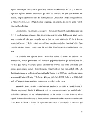 argilosa, causada pela transformação química do feldspato (Rio Grande do Sul 1997). A cobertura
vegetal na região é bastante diversificada por causa do substrato, em geral com florestas nas
encostas, campos rupestres nos topos dos morros graníticos (Brack et al. 1998) e restingas arenosas
na Planície Costeira. Leite (2002) classifica a vegetação das encostas dos morros como Floresta
Estacional Semidecídua.
Levantamento e classificação dos diásporos – Foram distribuídos 10 grupos de parcelas com
30 × 30 m, alocados em diferentes faces de exposição solar no Morro do Campista (cinco grupos
com exposição sul, três com exposição norte e dois no topo), totalizando 0,9 ha de floresta
amostrada (Capítulo 1). Todos os indivíduos arbóreos com diâmetro à altura do peito (DAP) ≥ 5 cm
foram incluídos na amostra. A altura total dos indivíduos foi estimada com o auxílio de uma trena
laser.
Os diásporos das espécies foram classificados quanto ao modo de dispersão em:
anemocóricos, quando apresentaram alas, plumas ou pequenas dimensões que possibilitavam sua
dispersão pelo vento; zoocóricos, quando apresentaram atrativos e/ou fontes alimentares para
animais; e autocóricos, quando a dispersão ocorria pela explosão do fruto (van der Pijl 1982). Esta
classificação baseou-se em bibliografia especializada (Barroso et al. 1999), em trabalhos que tratam
do assunto (Oliveira & Moreira 1992, Backes & Irgang 2002, Sobral 2003, Budke et al. 2005, Giehl
et al. 2007) e por observações diretas das estruturas morfológicas dos frutos.
As espécies foram avaliadas e classificadas de acordo com categorias de estabelecimento de
plântulas, propostas por Swaine & Whitmore (1988), em: pioneiras, aquelas em que o ciclo de vida é
inteiramente dependente de luz; tardias dependentes de luz, quando o alcance do estádio adulto
depende de formação de aberturas no dossel; e tardias tolerantes à sombra, quando a disponibilidade
de luz direta não limita o alcance da capacidade reprodutiva. A classificação é subsidiada por

32

 