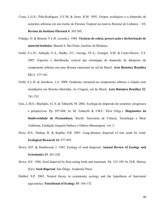 Costa, L.G.S.; Piña-Rodrigues, F.C.M. & Jesus, R.M. 1992. Grupos ecológicos e a dispersão de
sementes arbóreas em um trecho de Floresta Tropical na reserva florestal de Linhares – ES.
Revista do Instituto Florestal 4: 303-305.
Fidalgo, O. & Bononi, V.L.R. (coords.). 1984. Técnicas de coleta, preservação e herborização de
material botânico. Manual 4. São Paulo, Instituto de Botânica.
Giehl, E.L.H.; Athayde, E.A.; Budke, J.C.; Gesing, J.P.A.; Einsiger, S.M. & Canto-Dorow, T.S.
2007. Espectro e distribuição vertical das estratégias de dispersão de diásporos do
componente arbóreo em uma floresta estacional no sul do Brasil. Acta Botanica Brasilica
21(1): 137-145.
Giehl, E.L.H. & Jarenkow, J.A. 2008. Gradiente estrutural no componente arbóreo e relação com
inundações em floresta ribeirinha, rio Uruguai, sul do Brasil. Acta Botanica Brasilica 22:
741-753.
Griz, L.M.S., Machado, I.C.S. & Tabarelli, M. 2002. Ecologia de dispersão de sementes: progressos
e perspectivas. Pp. 597-608. In: M. Tabarelli & J.M.C. Silva (Orgs.). Diagnóstico da
biodiversidade de Pernambuco. Recife: Secretaria de Ciência, Tecnologia e Meio
Ambiente, Fundação Joaquim Nabuco e Editora Massangana. vol. 2.
Horn, H.S.; Nathan, R. & Kaplan, S.R. 2001. Long-distance dispersal of tree seeds by wind.
Ecological Research 16: 877-885
Howe, H.F. & Smallwood, J. 1982. Ecology of seed dispersal. Annual Review of Ecology and
Systematics 13: 201-228.
Howe, H.F. 1986. Seed dispersal by fruit-eating birds and mammals. Pp. 123-189. In: D.R. Murray
(Ed.). Seed dispersal. San Diego: Academic Press.
Hubbel, S.P. 2005. Neutral theory in community ecology and the hypothesis of functional
equivalence. Funcitional of Ecology 15: 166-172.

40

 
