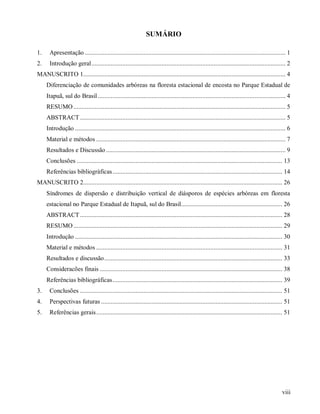 SUMÁRIO
1.

Apresentação ........................................................................................................................... 1

2.

Introdução geral ....................................................................................................................... 2

MANUSCRITO 1............................................................................................................................ 4
Diferenciação de comunidades arbóreas na floresta estacional de encosta no Parque Estadual de
Itapuã, sul do Brasil ................................................................................................................... 4
RESUMO .................................................................................................................................. 5
ABSTRACT .............................................................................................................................. 5
Introdução ................................................................................................................................. 6
Material e métodos .................................................................................................................... 7
Resultados e Discussão .............................................................................................................. 9
Conclusões .............................................................................................................................. 13
Referências bibliográficas ........................................................................................................ 14
MANUSCRITO 2.......................................................................................................................... 26
Síndromes de dispersão e distribuição vertical de diásporos de espécies arbóreas em floresta
estacional no Parque Estadual de Itapuã, sul do Brasil.............................................................. 26
ABSTRACT ............................................................................................................................ 28
RESUMO ................................................................................................................................ 29
Introdução ............................................................................................................................... 30
Material e métodos .................................................................................................................. 31
Resultados e discussão ............................................................................................................. 33
Consideracões finais ................................................................................................................ 38
Referências bibliográficas ........................................................................................................ 39
3.

Conclusões ............................................................................................................................ 51

4.

Perspectivas futuras ............................................................................................................... 51

5.

Referências gerais .................................................................................................................. 51

viii

 