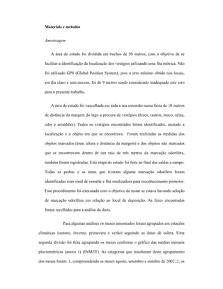 Materiais e métodos
Amostragem
A área de estudo foi dividida em trechos de 50 metros, com o objetivo de se
facilitar a identificação da localização dos vestígios utilizando uma fita métrica. Não
foi utilizado GPS (Global Position System), pois o erro mínimo obtido nos locais,
em dia claro e sem nuvens, foi de 9 metros sendo considerado inadequado este erro
para o presente trabalho.
A área de estudo foi vasculhada em toda a sua extensão numa faixa de 10 metros
de distância da margem do lago a procura de vestígios (fezes, rastros, muco, urina,
odor e arranhões). Todos os vestígios encontrados foram identificados, anotado a
localização e o objeto em que se encontrava. Foram realizadas as medidas dos
objetos marcados (área, altura e distância da margem) e dos objetos não marcados
que se encontravam dentro de um raio de três metros da marcação odorífera,
também foram registradas. Esta etapa do estudo foi feita ao final das saídas a campo.
Todas as pedras e as áreas que tiveram alguma marcação odorífera foram
identificadas com sinal de esmalte e fita sinalizadora para reconhecimento posterior.
Este procedimento foi executado com o objetivo de testar se estava havendo seleção
de marcação odorífera em relação ao local de deposição. As fezes encontradas
foram recolhidas para a análise da dieta.
Para algumas análises os meses amostrados foram agrupados em estações
climáticas (outono, inverno, primavera e verão) seguindo as datas de coleta. Uma
segunda divisão foi feita agrupando os meses conforme o gráfico das médias mensais
pluviométricas (anexo 1) (INMET). As categorias que resultaram deste agrupamento
dos meses foram: 1, compreendendo os meses agosto, setembro e outubro de 2002; 2, os

 