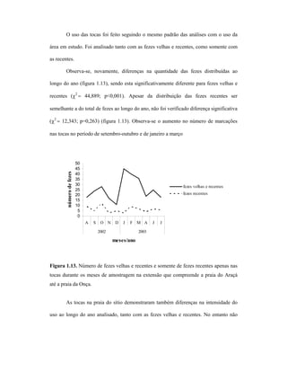 O uso das tocas foi feito seguindo o mesmo padrão das análises com o uso da
área em estudo. Foi analisado tanto com as fezes velhas e recentes, como somente com
as recentes.
Observa-se, novamente, diferenças na quantidade das fezes distribuídas ao
longo do ano (figura 1.13), sendo esta significativamente diferente para fezes velhas e
recentes (χ2 = 44,889; p<0,001). Apesar da distribuição das fezes recentes ser
semelhante a do total de fezes ao longo do ano, não foi verificado diferença significativa
(χ2 = 12,343; p=0,263) (figura 1.13). Observa-se o aumento no número de marcações

número de fezes

nas tocas no período de setembro-outubro e de janeiro a março

50
45
40
35
30
25
20
15
10
5
0

fezes velhas e recentes
fezes recentes

A

S

O N

D

J

F M A

2002

J

J

2003

meses/ano

Figura 1.13. Número de fezes velhas e recentes e somente de fezes recentes apenas nas
tocas durante os meses de amostragem na extensão que compreende a praia do Araçá
até a praia da Onça.
As tocas na praia do sítio demonstraram também diferenças na intensidade do
uso ao longo do ano analisado, tanto com as fezes velhas e recentes. No entanto não

 