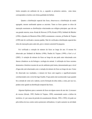 lontra européia em ambiente de rio, e, segundo os primeiros autores,

estas áreas

correspondem a trechos com ótima qualidade do habitat.
Quanto a distribuição espacial das fezes, observou-se a distribuição de modo
agregado, mesmo analisando apenas as encostas. Tanto as fezes quanto os sítios de
marcação mostraram as distribuições relacionadas aos refúgios principais, que são em
sua grande maioria, tocas. Kruuk & Hewson (1978), Kruuk (1992), Soldateli & Blacher
(1996) e Quadros & Monteiro-Filho (2002) constataram o mesmo, já Pardini & Trajano
(1999) não foi verificado o mesmo padrão. Não foi verificada a distribuição espacial dos
sítios de marcações para cada mês, pois o número amostral foi pequeno.
Foi verificada a variação do número de fezes ao longo do ano. O mesmo foi
observado por Soldateli & Balcher (1996), Pardini & Trajano (1999) e Gori et al.
(2003). A variação do número de fezes ao longo do ano pode estar relacionada com
fatores climáticos ou da biologia e ecologia do animal. A utilização de fezes recentes
demonstra o histórico recente do uso do ambiente pela lontra, demonstrando que o nível
d’água não está relacionado com a variação do número de fezes ao longo do ano. Como
foi observado nos resultados, o número de fezes está negativa e significativamente
correlacionado com o nível do lago Guaíba. O que pode estar acontecendo é que quando
há a entrada de vento sul e sudeste, ocorre formação de altas ondas, e estas, por sua vez,
podem estar agindo na distribuição temporal das fezes.
Algumas hipóteses para o aumento de fezes em alguns meses do ano são: i) escassez
de recurso (Kruuk, 1995; Pardini & Trajano, 1999), aumentando assim a defesa do
território; ii) por causa de período de acasalamento (Kruuk, 1992 e 1995); iii) pode ser
pela defesa da toca contra outros potenciais utilizadores; iv) pelo aumento na atividade

 