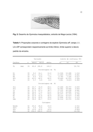 12

Fig. 2: Desenho de Gymnotus inaequilabiatus, extraído de Mago-Leccia (1994)

Tabela 1: Proporções corporais e contagens da espécie Gymnotus aff. carapo. L1,
L2 e DP correspondem respectivamente ao limite inferior, limite superior e desvio
padrão da amostra.

Caráter
TL

n
(mm)

39

Variação
______________
menor
maior
46.8

280.8

média
149.3

Porcentagens de
Hl
Bd
Bw
Afl
Pa

39
39
39
39
39

9.5
10.1
6.0
63.5
5.7

16.1
13.6
8.4
84.2
9.9

39
39
39
39
39
39
39
20

23.7
49.0
27.4
54.4
46.6
32.4
25.4
38.9

33.9
65.7
47.3
77.4
74.1
51.4
49.2
48.7

59.732
TL

12.0
11.7
7.0
80.0
8.3

Porcentagens de
Pro
Poo
Io
Hd
Hw
Bo
Pl
Hde

Limite de confiança 95%
_______________________
L1
L2
DP

28.1
58.2
38.7
63.2
59.2
40.9
39.6
43.9

11.506
11.443
6.785
78.689
7.981

12.488
11.976
7.185
81.253
8.619

1.516
0.821
0.617
3.956
0.983

27.440
56.962
37.155
61.572
56.977
39.133
37.896
42.516

28.757
59.446
40.294
64.895
61.373
42.673
41.211
45.372

2.033
3.833
4.841
5.127
6.783
5.462
5.113
3.052

Hl

Contagens
Bands
Sall
Pfr
Afr

32
39
39
38

20.0
5.0
13.0
194.0

28.0
8.0
16.0
260.0

23.9
6.3
14.4
223.8

2.511
0.621
0.818
14.238

 