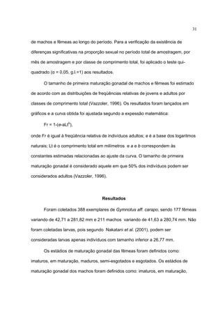31
de machos e fêmeas ao longo do período. Para a verificação da existência de
diferenças significativas na proporção sexual no período total de amostragem, por
mês de amostragem e por classe de comprimento total, foi aplicado o teste quiquadrado (α = 0,05, g.l.=1) aos resultados.
O tamanho de primeira maturação gonadal de machos e fêmeas foi estimado
de acordo com as distribuições de freqüências relativas de jovens e adultos por
classes de comprimento total (Vazzoler, 1996). Os resultados foram lançados em
gráficos e a curva obtida foi ajustada segundo a expessão matemática:
Fr = 1-(e-aLtb),
onde Fr é igual à freqüência relativa de indivíduos adultos; e é a base dos logaritmos
naturais; Lt é o comprimento total em milímetros e a e b correspondem às
constantes estimadas relacionadas ao ajuste da curva. O tamanho de primeira
maturação gonadal é considerado aquele em que 50% dos indivíduos podem ser
considerados adultos (Vazzoler, 1996).

Resultados
Foram coletados 388 exemplares de Gymnotus aff. carapo, sendo 177 fêmeas
variando de 42,71 a 281,82 mm e 211 machos variando de 41,63 a 280,74 mm. Não
foram coletadas larvas, pois segundo Nakatani et al. (2001), podem ser
consideradas larvas apenas indivíduos com tamanho inferior a 26,77 mm.
Os estádios de maturação gonadal das fêmeas foram definidos como:
imaturos, em maturação, maduros, semi-esgotados e esgotados. Os estádios de
maturação gonadal dos machos foram definidos como: imaturos, em maturação,

 
