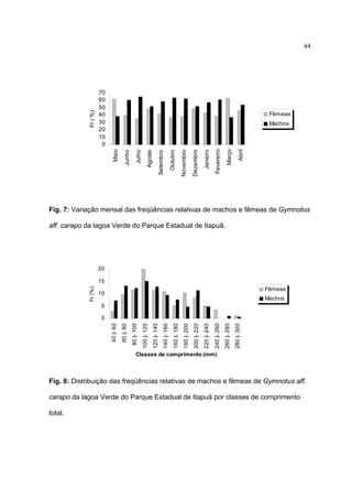 70
60
50
40
30
20
10
0

Fêmeas

Abril

Março

Fevereiro

Janeiro

Dezembro

Novembro

Outubro

Setembro

Agosto

Julho

Junho

Machos

Maio

Fr ( %)

44

Fig. 7: Variação mensal das freqüências relativas de machos e fêmeas de Gymnotus
aff. carapo da lagoa Verde do Parque Estadual de Itapuã.

20

Fr (%)

15
Fêmeas

10

Machos

5

280 |- 300

260 |- 280

240 |- 260

220 |- 240

200 |- 220

180 |- 200

160 |- 180

140 |- 160

120 |- 140

100 |- 120

80 |- 100

60 |- 80

40 |- 60

0

Classes de comprimento (mm)

Fig. 8: Distribuição das freqüências relativas de machos e fêmeas de Gymnotus aff.
carapo da lagoa Verde do Parque Estadual de Itapuã por classes de comprimento
total.

 