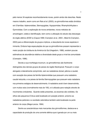3
pelo menos 34 espécies reconhecidamente novas, porém ainda não descritas. Neste
mesmo trabalho, assim como em Reis et al. (2003), os gimnotiformes estão divididos
em 5 famílias: Apteronotidae, Sternopygidae, Hypopomidae, Rhamphichthydae e
Gymnotidae. Com a exploração de novos ambientes, novos métodos de
amostragem, coleta e identificação, bem como a utilização do estudo das descargas
do órgão elétrico (EOD´s) (Caputi,1999; Crampton et al., 2003 ; Albert & Crampton,
2003) para a diferenciação de grupos crípticos, a descoberta de novas espécies é
iminente. Embora haja especulações de que os gimnotiformes possam representar a
maior porção da ictiofauna da América do Sul (Hagedorn, 1986), existem poucas
estimativas de abundância relativa e diversidade deste grupo a nível de comunidade
(Crampton, 1996).
Devido a sua morfologia incomum, os gimnotiformes são facilmente
distingüidos dos demais grupos de peixes da região Neotropical. Possuem o corpo
alongado e lateralmente comprimido, sem as nadadeiras dorsal, pélvica e caudal,
com exceção dos peixes da família Apteronotidae que possuem uma nadadeira
caudal reduzida, e os peixes da família Sternopygidae que possuem esta nadadeira
nos primeiros estágios de desenvolvimento. A nadadeira anal é bem desenvolvida,
com muitos raios (normalmente mais de 100), e é utilizada para natação através de
movimentos ondulantes. Quando estão presentes, as escamas são ciclóides. Os
olhos são pequenos.O ânus está localizado em posição anterior, próximo as
nadadeiras peitorais e a cavidade celomática também está localizada na parte
anterior do corpo (Mago-Leccia, 1994)
Dentre as características mais marcantes dos gimnotiformes, destaca-se a
capacidade de produção de uma corrente elétrica que é gerada por um ou mais

 