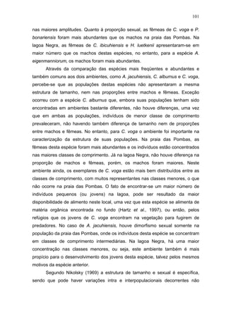 101
nas maiores amplitudes. Quanto à proporção sexual, as fêmeas de C. voga e P.
bonariensis foram mais abundantes que os machos na praia das Pombas. Na
lagoa Negra, as fêmeas de C. ibicuhiensis e H. luetkenii apresentaram-se em
maior número que os machos destas espécies, no entanto, para a espécie A.
eigenmanniorum, os machos foram mais abundantes.
Através da comparação das espécies mais freqüentes e abundantes e
também comuns aos dois ambientes, como A. jacuhiensis, C. alburnus e C. voga,
percebe-se que as populações destas espécies não apresentaram a mesma
estrutura de tamanho, nem nas proporções entre machos e fêmeas. Exceção
ocorreu com a espécie C. alburnus que, embora suas populações tenham sido
encontradas em ambientes bastante diferentes, não houve diferenças, uma vez
que em ambas as populações, indivíduos de menor classe de comprimento
prevaleceram, não havendo também diferença de tamanho nem de proporções
entre machos e fêmeas. No entanto, para C. voga o ambiente foi importante na
caracterização da estrutura de suas populações. Na praia das Pombas, as
fêmeas desta espécie foram mais abundantes e os indivíduos estão concentrados
nas maiores classes de comprimento. Já na lagoa Negra, não houve diferença na
proporção de machos e fêmeas, porém, os machos foram maiores. Neste
ambiente ainda, os exemplares de C. voga estão mais bem distribuídos entre as
classes de comprimento, com muitos representantes nas classes menores, o que
não ocorre na praia das Pombas. O fato de encontrar-se um maior número de
indivíduos pequenos (ou jovens) na lagoa, pode ser resultado da maior
disponibilidade de alimento neste local, uma vez que esta espécie se alimenta de
matéria orgânica encontrada no fundo (Hartz et al., 1997), ou então, pelos
refúgios que os jovens de C. voga encontram na vegetação para fugirem de
predadores. No caso de A. jacuhiensis, houve dimorfismo sexual somente na
população da praia das Pombas, onde os indivíduos desta espécie se concentram
em classes de comprimento intermediárias. Na lagoa Negra, há uma maior
concentração nas classes menores, ou seja, este ambiente também é mais
propício para o desenvolvimento dos jovens desta espécie, talvez pelos mesmos
motivos da espécie anterior.
Segundo Nikolsky (1969) a estrutura de tamanho e sexual é específica,
sendo que pode haver variações intra e interpopulacionais decorrentes não

 