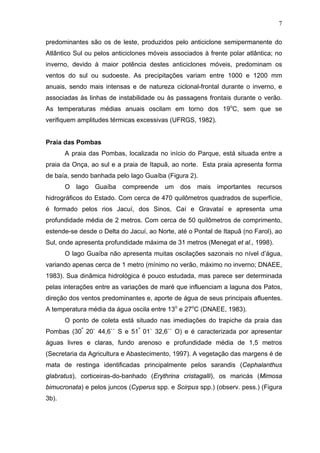 7
predominantes são os de leste, produzidos pelo anticiclone semipermanente do
Atlântico Sul ou pelos anticiclones móveis associados à frente polar atlântica; no
inverno, devido à maior potência destes anticiclones móveis, predominam os
ventos do sul ou sudoeste. As precipitações variam entre 1000 e 1200 mm
anuais, sendo mais intensas e de natureza ciclonal-frontal durante o inverno, e
associadas às linhas de instabilidade ou às passagens frontais durante o verão.
As temperaturas médias anuais oscilam em torno dos 19oC, sem que se
verifiquem amplitudes térmicas excessivas (UFRGS, 1982).

Praia das Pombas
A praia das Pombas, localizada no início do Parque, está situada entre a
praia da Onça, ao sul e a praia de Itapuã, ao norte. Esta praia apresenta forma
de baía, sendo banhada pelo lago Guaíba (Figura 2).
O

lago

Guaíba

compreende

um

dos

mais importantes recursos

hidrográficos do Estado. Com cerca de 470 quilômetros quadrados de superfície,
é formado pelos rios Jacuí, dos Sinos, Caí e Gravataí e apresenta uma
profundidade média de 2 metros. Com cerca de 50 quilômetros de comprimento,
estende-se desde o Delta do Jacuí, ao Norte, até o Pontal de Itapuã (no Farol), ao
Sul, onde apresenta profundidade máxima de 31 metros (Menegat et al., 1998).
O lago Guaíba não apresenta muitas oscilações sazonais no nível d’água,
variando apenas cerca de 1 metro (mínimo no verão, máximo no inverno; DNAEE,
1983). Sua dinâmica hidrológica é pouco estudada, mas parece ser determinada
pelas interações entre as variações de maré que influenciam a laguna dos Patos,
direção dos ventos predominantes e, aporte de água de seus principais afluentes.
A temperatura média da água oscila entre 13o e 27oC (DNAEE, 1983).
O ponto de coleta está situado nas imediações do trapiche da praia das
Pombas (30º 20` 44,6`` S e 51º 01` 32,6`` O) e é caracterizada por apresentar
águas livres e claras, fundo arenoso e profundidade média de 1,5 metros
(Secretaria da Agricultura e Abastecimento, 1997). A vegetação das margens é de
mata de restinga identificadas principalmente pelos sarandis (Cephalanthus
glabratus), corticeiras-do-banhado (Erythrina cristagalli), os maricás (Mimosa
bimucronata) e pelos juncos (Cyperus spp. e Scirpus spp.) (observ. pess.) (Figura
3b).

 