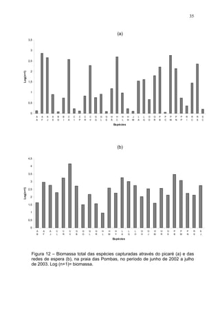 35

(a)
3,5

3

Log(n+1)

2,5

2

1,5

1

0,5

0
A
A

A
F

A
J

A
S

B
D

B
I

C
A

C
I

C
P

C
R

C
V

G
G

G
L

G
S

H
Á

H
C

H
L

H
N

J
M

L
A

L
G

O
D

O
R

P
B

P
C

P
M

P
N

P
P

R
I

R
C

R
S

S
C

Espécies

(b)
4,5
4
3,5

Log(n+1)

3
2,5
2
1,5
1
0,5
0
A
B

A
F

A
J

C
L

C
R

C
V

G
B

G
G

G
L

G
R

H
L

H
M

H
Y

L
A

L
G

L
O

O
H

O
J

O
M

O
R

O
S

P
B

P
M

P
N

R
S

Espécies

Figura 12 – Biomassa total das espécies capturadas através do picaré (a) e das
redes de espera (b), na praia das Pombas, no período de junho de 2002 a julho
de 2003. Log (n+1)= biomassa.

S
J

 