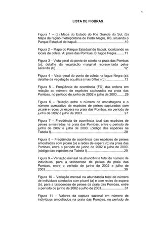 v
LISTA DE FIGURAS

Figura 1 – (a) Mapa do Estado do Rio Grande do Sul; (b)
Mapa da região metropolitana de Porto Alegre, RS, situando o
Parque Estadual de Itapuã.....................................................10
Figura 2 – Mapa do Parque Estadual de Itapuã, localizando os
locais de coleta. A: praia das Pombas; B: lagoa Negra.........11
Figura 3 – Vista geral do ponto de coleta na praia das Pombas
(a); detalhe da vegetação marginal representada pelos
sarandis (b)............................................................................12
Figura 4 – Vista geral do ponto de coleta na lagoa Negra (a);
detalhe da vegetação aquática (macrófitas) (b).....................13
Figura 5 – Freqüência de ocorrência (FO) das ordens em
relação ao número de espécies capturadas na praia das
Pombas, no período de junho de 2002 e julho de 2003.........26
Figura 6 – Relação entre o número de amostragens e o
número cumulativo de espécies de peixes capturados com
picaré e redes de espera na praia das Pombas, no período de
junho de 2002 e julho de 2003...............................................27
Figura 7 – Freqüência de ocorrência total das espécies de
peixes amostradas na praia das Pombas, entre o período de
junho de 2002 e julho de 2003. (código das espécies na
Tabela I).................................................................................28
Figura 8 – Freqüência de ocorrência das espécies de peixes
amostradas com picaré (a) e redes de espera (b) na praia das
Pombas, entre o período de junho de 2002 e julho de 2003.
(código das espécies na Tabela I).........................................29
Figura 9 – Variação mensal na abundância total do número de
indivíduos, para a taxocenose de peixes da praia das
Pombas, entre o período de junho de 2002 e julho de
2003.......................................................................................30
Figura 10 – Variação mensal na abundância total do número
de indivíduos coletados com picaré (a) e com redes de espera
(b), para a taxocenose de peixes da praia das Pombas, entre
o período de junho de 2002 e julho de 2003..........................31
Figura 11 – Valores da captura sazonal em número de
indivíduos amostrados na praia das Pombas, no período de

 