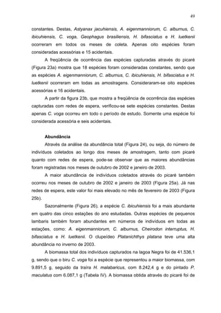 49
constantes. Destas, Astyanax jacuhiensis, A. eigenmanniorum, C. alburnus, C.
ibicuhiensis, C. voga, Geophagus brasiliensis, H. bifasciatus e H. luetkenii
ocorreram em todos os meses de coleta. Apenas oito espécies foram
consideradas acessórias e 15 acidentais.
A freqüência de ocorrência das espécies capturadas através do picaré
(Figura 23a) mostra que 18 espécies foram consideradas constantes, sendo que
as espécies A. eigenmanniorum, C. alburnus, C. ibicuhiensis, H. bifasciatus e H.
luetkenii ocorreram em todas as amostragens. Consideraram-se oito espécies
acessórias e 16 acidentais.
A partir da figura 23b, que mostra a freqüência de ocorrência das espécies
capturadas com redes de espera, verificou-se sete espécies constantes. Destas
apenas C. voga ocorreu em todo o período de estudo. Somente uma espécie foi
considerada acessória e seis acidentais.

Abundância
Através da análise da abundância total (Figura 24), ou seja, do número de
indivíduos coletados ao longo dos meses de amostragem, tanto com picaré
quanto com redes de espera, pode-se observar que as maiores abundâncias
foram registradas nos meses de outubro de 2002 e janeiro de 2003.
A maior abundância de indivíduos coletados através do picaré também
ocorreu nos meses de outubro de 2002 e janeiro de 2003 (Figura 25a). Já nas
redes de espera, este valor foi mais elevado no mês de fevereiro de 2003 (Figura
25b).
Sazonalmente (Figura 26), a espécie C. ibicuhiensis foi a mais abundante
em quatro das cinco estações do ano estudadas. Outras espécies de pequenos
lambaris também foram abundantes em números de indivíduos em todas as
estações, como: A. eigenmanniorum, C. alburnus, Cheirodon interruptus, H.
bifasciatus e H. luetkenii. O clupeídeo Platanichthys platana teve uma alta
abundância no inverno de 2003.
A biomassa total dos indivíduos capturados na lagoa Negra foi de 41.536,1
g, sendo que o biru C. voga foi a espécie que representou a maior biomassa, com
9.891,5 g, seguido da traíra H. malabaricus, com 8.242,4 g e do pintado P.
maculatus com 6.087,1 g (Tabela IV). A biomassa obtida através do picaré foi de

 
