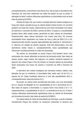 51
conseqüentemente, a dominância mais baixa (0,2). Isto se deve à abundância dos
indivíduos ser mais bem distribuída nas redes de espera do que no picaré. A
aplicação do teste t mostrou diferenças significativas na diversidade entre as duas
artes de pesca (p=0,0379).
Através da Figura 30, que mostra a variação total dos índices ecológicos ao
longo dos meses, percebe-se que os valores destes índices tiveram um aumento
gradativo ao longo dos meses, observando-se uma maior diversidade nos meses
de setembro e novembro de 2002 e janeiro de 2003. A riqueza e a equitabilidade
também foram altas nestes meses, garantindo os altos valores da diversidade.
Posteriormente, estes valores decrescem nos meses mais frios. As menores
diversidades foram registradas nos meses de maio e julho de 2003 (1,0 e 0,8,
respectivamente) devido à grande capturabilidade das espécies C. ibicuhiensis e
C. alburnus em relação às demais espécies. Este fato desencadeou uma alta
dominância nestes meses e, conseqüentemente, baixa equitabilidade que
influenciam consideravelmente no índice de diversidade.
Os valores de diversidade no picaré (Figura 31a) também foram mais
acentuados nos meses referentes ao período de primavera-verão. Nas redes de
espera, porém, estes índices não seguiram um padrão, oscilando bastante no
decorrer dos meses (Figura 31b). No entanto os maiores valores de diversidade
foram alcançados nos meses de outubro e novembro de 2002 e fevereiro de
2003.
A estimativa dos índices ecológicos por biomassa mostrou valores mais
elevados do que os numéricos. A diversidade total, neste caso, foi de 2,3 e a
riqueza de 4,0. Estes resultados devem-se a uma alta equitabilidade (0,6) e,
conseqüentemente, baixa dominância (0,1).
No picaré, os valores foram semelhantes aos totais, com uma diversidade
de 2,3, riqueza de Margalef de 4,3, equitabilidade de 0,6 e dominância de 0,1.
Nas redes de espera a diversidade e a riqueza foram mais baixas (1,9 e 1,3:
respectivamente), a equitabilidade foi de 0,7 e a dominância foi de 0,2. O teste t
mostrou diferenças extremamente significativas entre os valores de diversidade
por biomassa do picaré e das redes de espera (p=0,00001).
Os valores totais do índice de diversidade por biomassa, quando avaliados
mensalmente (Figura 32), também se mostraram crescentes no decorrer dos

 