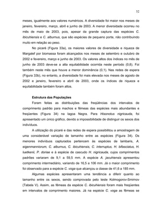 52
meses, igualmente aos valores numéricos. A diversidade foi maior nos meses de
janeiro, fevereiro, março, abril e junho de 2003. A menor diversidade ocorreu no
mês de maio de 2003, pois, apesar da grande captura das espécies C.
ibicuhiensis e C. alburnus, que são espécies de pequeno porte, não contribuindo
muito em relação ao peso.
No picaré (Figura 33a), os maiores valores de diversidade e riqueza de
Margalef por biomassa foram alcançados nos meses de setembro e outubro de
2002 e fevereiro, março e junho de 2003. Os valores altos dos índices no mês de
junho de 2003 deve-se a alta equitabilidade ocorrida neste período (0,8). Foi
também neste mês que houve a menor dominância (0,1). Nas redes de espera
(Figura 33b), no entanto, a diversidade foi mais elevada nos meses de agosto de
2002 e janeiro, fevereiro e abril de 2003, onde os índices de riqueza e
equitabilidade também foram altos.

Estrutura das Populações
Foram feitas as distribuições

das freqüências dos intervalos de

comprimento padrão para machos e fêmeas das espécies mais abundantes e
freqüentes (Figura 34) na lagoa Negra. Para Hisonotus nigricauda, foi
apresentado um único gráfico, devido a impossibilidade de distinguir os sexos dos
indivíduos.
A utilização do picaré e das redes de espera possibilitou a amostragem de
uma considerável variação de tamanho entre as espécies (Figura 34). Os
menores indivíduos capturados pertencem às espécies de lambaris, A.
eigenmanniorum, C. alburnus, C. ibicuhiensis, C. interruptus, H. bifasciatus, H.
luetkenii, P. doriae e à espécie de cascudo H. nigricauda, cujos comprimentos
padrões variaram de 9,1 a 59,5 mm. A espécie A. jacuhiensis apresentou
comprimento intermediário, variando de 16,5 a 106 mm. Já o maior comprimento
foi observado para a espécie C. voga que alcançou a classe de 41,6 a 185 mm.
Algumas espécies apresentaram uma tendência a diferir quanto ao
tamanho entre os sexos, sendo comprovada pelo teste Kolmogorov-Smirnov
(Tabela V). Assim, as fêmeas da espécie C. ibicuhiensis foram mais freqüentes
em intervalos de comprimento maiores. Já na espécie C. voga as fêmeas se

 