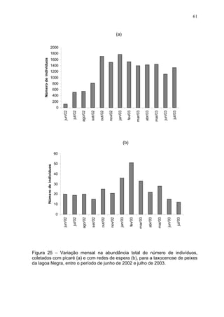61

(a)
2000
Número de indivíduos

1800
1600
1400
1200
1000
800
600
400
200
jul/03

jun/03

mai/03

abr/03

mar/03

fev/03

jan/03

nov/02

out/02

set/02

ago/02

jul/02

jun/02

0

(b)

Número de indivíduos

60
50
40
30
20
10

jul/03

jun/03

mai/03

abr/03

mar/03

fev/03

jan/03

nov/02

out/02

set/02

ago/02

jul/02

jun/02

0

Figura 25 – Variação mensal na abundância total do número de indivíduos,
coletados com picaré (a) e com redes de espera (b), para a taxocenose de peixes
da lagoa Negra, entre o período de junho de 2002 e julho de 2003.

 