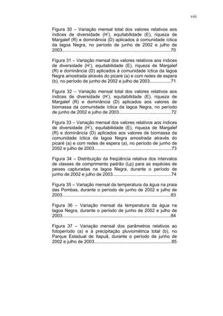viii
Figura 30 – Variação mensal total dos valores relativos aos
índices de diversidade (H’), equitabilidade (E), riqueza de
Margalef (R) e dominância (D) aplicados à comunidade íctica
da lagoa Negra, no período de junho de 2002 e julho de
2003.......................................................................................70
Figura 31 – Variação mensal dos valores relativos aos índices
de diversidade (H’), equitabilidade (E), riqueza de Margalef
(R) e dominância (D) aplicados à comunidade íctica da lagoa
Negra amostrada através do picaré (a) e com redes de espera
(b), no período de junho de 2002 e julho de 2003.................71
Figura 32 – Variação mensal total dos valores relativos aos
índices de diversidade (H’), equitabilidade (E), riqueza de
Margalef (R) e dominância (D) aplicados aos valores de
biomassa da comunidade íctica da lagoa Negra, no período
de junho de 2002 e julho de 2003..........................................72
Figura 33 – Variação mensal dos valores relativos aos índices
de diversidade (H’), equitabilidade (E), riqueza de Margalef
(R) e dominância (D) aplicados aos valores de biomassa da
comunidade íctica da lagoa Negra amostrada através do
picaré (a) e com redes de espera (a), no período de junho de
2002 e julho de 2003..............................................................73
Figura 34 – Distribuição da freqüência relativa dos intervalos
de classes de comprimento padrão (Lp) para as espécies de
peixes capturadas na lagoa Negra, durante o período de
junho de 2002 e julho de 2003...............................................74
Figura 35 – Variação mensal da temperatura da água na praia
das Pombas, durante o período de junho de 2002 e julho de
2003.......................................................................................83
Figura 36 – Variação mensal da temperatura da água na
lagoa Negra, durante o período de junho de 2002 e julho de
2003.......................................................................................84
Figura 37 – Variação mensal dos parâmetros relativos ao
fotoperíodo (a) e à precipitação pluviométrica total (b), no
Parque Estadual de Itapuã, durante o período de junho de
2002 e julho de 2003..............................................................85

 