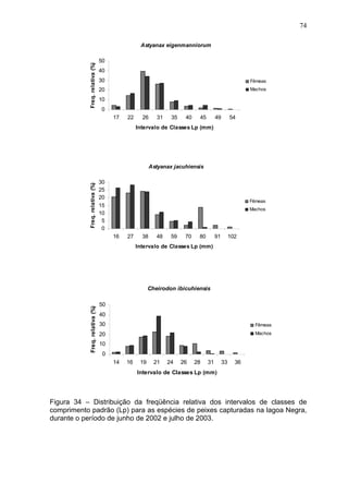 74

Freq. relativa (%)

Astyanax eigenmanniorum
50
40
30

Fêmeas

20

Machos

10
0
17

22

26

31

35

40

45

49

54

Intervalo de Classes Lp (mm)

Freq. relativa (%)

Astyanax jacuhiensis
30
25
20
15
10
5
0

Fêmeas
Machos

16

27

38

48

59

70

80

91

102

Intervalo de Classes Lp (mm)

Freq. relativa (%)

Cheirodon ibicuhiensis
50
40
30

Fêmeas

20

Machos

10
0
14

16

19

21

24

26

28

31

33

36

Intervalo de Classes Lp (mm)

Figura 34 – Distribuição da freqüência relativa dos intervalos de classes de
comprimento padrão (Lp) para as espécies de peixes capturadas na lagoa Negra,
durante o período de junho de 2002 e julho de 2003.

 