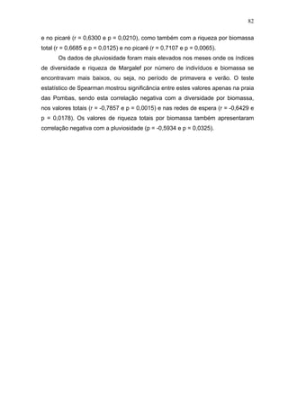 82
e no picaré (r = 0,6300 e p = 0,0210), como também com a riqueza por biomassa
total (r = 0,6685 e p = 0,0125) e no picaré (r = 0,7107 e p = 0,0065).
Os dados de pluviosidade foram mais elevados nos meses onde os índices
de diversidade e riqueza de Margalef por número de indivíduos e biomassa se
encontravam mais baixos, ou seja, no período de primavera e verão. O teste
estatístico de Spearman mostrou significância entre estes valores apenas na praia
das Pombas, sendo esta correlação negativa com a diversidade por biomassa,
nos valores totais (r = -0,7857 e p = 0,0015) e nas redes de espera (r = -0,6429 e
p = 0,0178). Os valores de riqueza totais por biomassa também apresentaram
correlação negativa com a pluviosidade (p = -0,5934 e p = 0,0325).

 