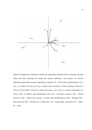 35

Figura 08: Diagrama de ordenação da análise de componentes principais (PCA), indicando a posição
relativa das áreas amostradas em função das variáveis ambientais e das espécies. As variáveis
ambientais apresentadas possuem significância estatística (P < 0,05). Estão correlacionadas com o
Eixo 1 as variáveis Presença de Tocas e Abrigos (abr), Densidade de Plantas (plantas), Diâmetro à
Altura do Peito (DAP) e Cobertura vegetal (cob_veg), e com o Eixo 2 a variável Profundidade do
Folhiço (fol). As espécies estão identificadas como: Soo = Sooretamys angouya, Ako = Akodon
montensis e Oly = Oligoryzomys nigripes. As áreas estão identificadas por: RST = Restinga, MG =
Morro da Grota, ENC = Encosta, CS = Campo Sujo e LN = Lagoa Negra. Autovalores: E1 = 4,409 e
E2 = 1,498.

 