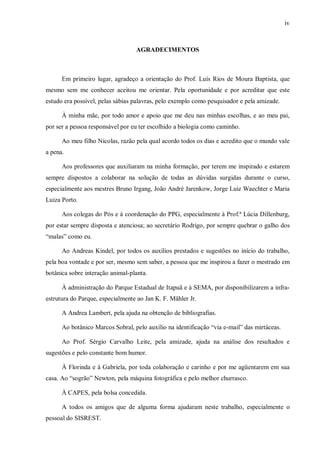 iv

AGRADECIMENTOS

Em primeiro lugar, agradeço a orientação do Prof. Luís Rios de Moura Baptista, que
mesmo sem me conhecer aceitou me orientar. Pela oportunidade e por acreditar que este
estudo era possível, pelas sábias palavras, pelo exemplo como pesquisador e pela amizade.
À minha mãe, por todo amor e apoio que me deu nas minhas escolhas, e ao meu pai,
por ser a pessoa responsável por eu ter escolhido a biologia como caminho.
Ao meu filho Nicolas, razão pela qual acordo todos os dias e acredito que o mundo vale
a pena.
Aos professores que auxiliaram na minha formação, por terem me inspirado e estarem
sempre dispostos a colaborar na solução de todas as dúvidas surgidas durante o curso,
especialmente aos mestres Bruno Irgang, João André Jarenkow, Jorge Luiz Waechter e Maria
Luiza Porto.
Aos colegas do Pós e à coordenação do PPG, especialmente à Prof.ª Lúcia Dillenburg,
por estar sempre disposta e atenciosa; ao secretário Rodrigo, por sempre quebrar o galho dos
“malas” como eu.
Ao Andreas Kindel, por todos os auxílios prestados e sugestões no início do trabalho,
pela boa vontade e por ser, mesmo sem saber, a pessoa que me inspirou a fazer o mestrado em
botânica sobre interação animal-planta.
À administração do Parque Estadual de Itapuã e à SEMA, por disponibilizarem a infraestrutura do Parque, especialmente ao Jan K. F. Mähler Jr.
A Andrea Lambert, pela ajuda na obtenção de bibliografias.
Ao botânico Marcos Sobral, pelo auxílio na identificação “via e-mail” das mirtáceas.
Ao Prof. Sérgio Carvalho Leite, pela amizade, ajuda na análise dos resultados e
sugestões e pelo constante bom humor.
À Florinda e à Gabriela, por toda colaboração e carinho e por me agüentarem em sua
casa. Ao “sogrão” Newton, pela máquina fotográfica e pelo melhor churrasco.
À CAPES, pela bolsa concedida.
A todos os amigos que de alguma forma ajudaram neste trabalho, especialmente o
pessoal do SISREST.

 