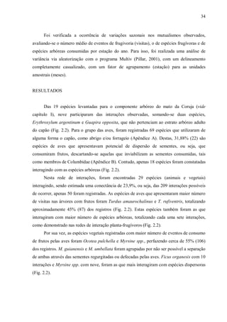 34

Foi verificada a ocorrência de variações sazonais nos mutualismos observados,
avaliando-se o número médio de eventos de frugivoria (visitas), o de espécies frugívoras e de
espécies arbóreas consumidas por estação do ano. Para isso, foi realizada uma análise de
variância via aleatorização com o programa Multiv (Pillar, 2001), com um delineamento
completamente casualizado, com um fator de agrupamento (estação) para as unidades
amostrais (meses).
RESULTADOS
Das 19 espécies levantadas para o componente arbóreo do mato da Coruja (vide
capítulo I), nove participaram das interações observadas, somando-se duas espécies,
Erythroxylum argentinum e Guapira opposita, que não pertenciam ao estrato arbóreo adulto
do capão (Fig. 2.2). Para o grupo das aves, foram registradas 69 espécies que utilizaram de
alguma forma o capão, como abrigo e/ou forrageio (Apêndice A). Destas, 31,88% (22) são
espécies de aves que apresentavam potencial de dispersão de sementes, ou seja, que
consumiram frutos, descartando-se aquelas que inviabilizam as sementes consumidas, tais
como membros de Columbidae (Apêndice B). Contudo, apenas 18 espécies foram constatadas
interagindo com as espécies arbóreas (Fig. 2.2).
Nesta rede de interações, foram encontradas 29 espécies (animais e vegetais)
interagindo, sendo estimada uma conectância de 23,9%, ou seja, das 209 interações possíveis
de ocorrer, apenas 50 foram registradas. As espécies de aves que apresentaram maior número
de visitas nas árvores com frutos foram Turdus amaurochalinus e T. rufiventris, totalizando
aproximadamente 45% (87) dos registros (Fig. 2.2). Estas espécies também foram as que
interagiram com maior número de espécies arbóreas, totalizando cada uma sete interações,
como demonstrado nas redes de interação planta-frugívoros (Fig. 2.2).
Por sua vez, as espécies vegetais registradas com maior número de eventos de consumo
de frutos pelas aves foram Ocotea pulchella e Myrsine spp., perfazendo cerca de 55% (106)
dos registros. M. guianensis e M. umbellata foram agrupadas por não ser possível a separação
de ambas através das sementes regurgitadas ou defecadas pelas aves. Ficus organesis com 10
interações e Myrsine spp. com nove, foram as que mais interagiram com espécies dispersoras
(Fig. 2.2).

 
