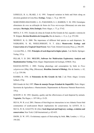 43

LOISELLE, B. A.; BLAKE, J. G. 1991. Temporal variation in birds and fruits along an
elevation gradient in Costa Rica. Ecology, Tempe, v. 72, p. 180-193.
MARCONDES-MACHADO, L. O.; PARANHOS, S. J.; BARROS, Y. M. 1994. Estratégias
alimentares de aves na utilização de frutos de Ficus microcarpa (Moraceae) em uma área
antrópica. Iheringia, Série Zoologia, Porto Alegre, v. 77, p. 57-62.
MOTA, F. S. 1951. Estudos do clima do Estado do Rio Grande do Sul, segundo o sistema de
W. Köppen. Revista Brasileira de Geografia, Rio de Janeiro, v. 13, n. 2, p. 275-284.
MURRAY, K. G. 2000. The importance of different bird species as seed dispersers. In:
NADKARNI, N. M.; WHEELWRIGHT, N. T. (Eds.) Monteverde: Ecology and
Conservation of a Tropical Cloud Forest. New York: Oxford University Press. p. 294-295.
VAN DER

PIJL, L. 1982. Principles of seed dispersal in higher plants. 3 ed. Berlin: Springer-

Verlag. 215 p.
PILLAR, V. D. 2001. MULTIV, Software for Multivariate Exploratory Analysis and
Randomization Testing. Porto Alegre: Departamento de Ecologia, UFRGS. 34 p.
RAGUSA-NETTO, J. 2002. Fruiting phenology and consumption by birds in Ficus
calyptroceras (Miq.) Miq. (Moraceae). Brazilian Journal of Biology, Rio de Janeiro, v. 62,
n. 2, p. 339-346.
RAMBO, B. 1956. A Fisionomia do Rio Grande do Sul. 2 ed. Porto Alegre: Livraria
Selbach. 472p.
RIO Grande do Sul, 1997. Plano de manejo Parque Estadual de Itapuã/RS. Porto Alegre:
Secretaria da Agricultura e Abastecimento, Departamento de Recursos Naturais Renováveis.
158 p.
SCHUPP, E. W. 1993. Quantity, quality and the effectiveness of seed dispersal by animals.
Vegetatio, The Hague, v. 107/108, p. 15-29.
SILVA, W. R. et al. 2001. Patterns of fruit-frugivore interactions in two Atlantic Forest bird
communities of south-eastern Brazil: implications for conservation. In: LEVEY, D. J.;
SILVA, W. R.; GALETTI, M. (Eds.) Seed dispersal and frugivory: ecology, evolution and
conservation. New York: CAB International. p. 423-435.
SNOW, D. W. 1971. Evolutionary aspects of fruit-eating by birds. Ibis, London, v. 113, p.
194-202.

 