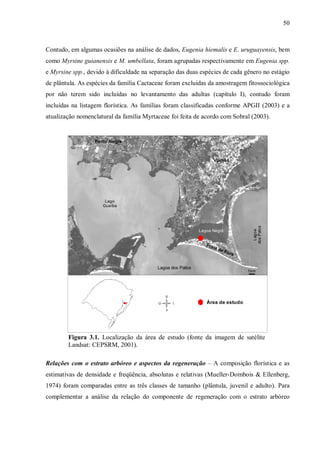 50

Contudo, em algumas ocasiões na análise de dados, Eugenia hiemalis e E. uruguayensis, bem
como Myrsine guianensis e M. umbellata, foram agrupadas respectivamente em Eugenia spp.
e Myrsine spp., devido à dificuldade na separação das duas espécies de cada gênero no estágio
de plântula. As espécies da família Cactaceae foram excluídas da amostragem fitossociológica
por não terem sido incluídas no levantamento das adultas (capítulo I), contudo foram
incluídas na listagem florística. As famílias foram classificadas conforme APGII (2003) e a
atualização nomenclatural da família Myrtaceae foi feita de acordo com Sobral (2003).

Porto Alegre

Viamão

Lagoa Negra

Pra
ia

Lagoa
dos Patos

Lago
Guaíba

de F
o ra

Lagoa dos Patos

1km

Área de estudo

Figura 3.1. Localização da área de estudo (fonte da imagem de satélite
Landsat: CEPSRM, 2001).
Relações com o estrato arbóreo e aspectos da regeneração – A composição florística e as
estimativas de densidade e freqüência, absolutas e relativas (Mueller-Dombois & Ellenberg,
1974) foram comparadas entre as três classes de tamanho (plântula, juvenil e adulto). Para
complementar a análise da relação do componente de regeneração com o estrato arbóreo

 