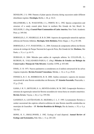 60

DENSLOW, J. S. 1980. Patterns of plant species diversity during succession under different
disturbance regimes. Oecologia, Berlin, v. 46, p. 18-21.
DILLENBURG, L. R.; WAECHTER, J. L.; PORTO, M. L. 1992. Species composition and
structure of a sandy coastal plain forest in northern Rio Grande do Sul, Brazil. In:
SEELIGER, U. (Org.) Coastal Plant Communities of Latin America. New York: Academic
Press. p. 349-366.
DORNELES, L. P.; NEGRELLE, R. R. B. 2000. Aspectos da regeneração natural de espécies
arbóreas da Floresta Atlântica. Iheringia, Série Botânica, Porto Alegre, v. 53, p. 85-100.
DORNELES, L. P. P.; WAECHTER, J. L. 2004. Estrutura do componente arbóreo da floresta
arenosa de restinga do Parque Nacional da Lagoa do Peixe, Rio Grande do Sul. Hoehnea, São
Paulo, v. 31, n. 1, p. 61-71.
DURIGAN, G. 2004. Métodos para análise de vegetação arbórea. In: CULLEN-JR., L.;
RUDRAN, R.; VALLADARES-PADUA, C. (Org.) Métodos de Estudos em Biologia da
Conservação e Manejo da Vida Silvestre. Curitiba: UFPR. p: 455-480.
FINOL, U. H. 1971. Nuevos parámetros a considerarse en el análisis estructural de las selvas
vírgenes tropicales. Revista Forestal Venezolana, Mérida, v. 14, n. 21, p. 29-42.
FONSECA, R. C. B.; RODRIGUES, R. R. 2000. Análise estrutural e aspectos do mosaico
sucessional de uma floresta semidecídua em Botucatu, SP. Scientia Forestalis, Piracicaba, v.
57, p. 27-43.
GAMA, J. R. V.; BOTELHO, S. A.; BENTES-GAMA, M. M. 2002. Composição florística e
estrutura da regeneração natural de floresta secundária de várzea baixa no estuário amazônico.
Revista Árvore, Viçosa, v. 26, n. 5, p. 559-566.
GANDOLFI, S.; LEITÃO-FILHO, H.; BEZERRA, C. L. F. 1995. Levantamento florístico e
caráter sucessional das espécies arbustivo-arbóreas de uma floresta mesófila semidecídua no
município de Guarulhos – SP. Revista Brasileira de Biologia, Rio de Janeiro, v. 55, n. 4, p.
753-767.
HOWE, H. F.; SMALLWOOD, J. 1982. Ecology of seed dispersal. Annual Review of
Ecology and Systematics, Palo Alto, v. 13, p. 201-228.

 