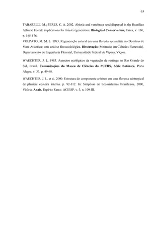 63

TABARELLI, M.; PERES, C. A. 2002. Abiotic and vertebrate seed dispersal in the Brazilian
Atlantic Forest: implications for forest regeneration. Biological Conservation, Essex, v. 106,
p. 165-176.
VOLPATO, M. M. L. 1993. Regeneração natural em uma floresta secundária no Domínio de
Mata Atlântica: uma análise fitossociológica. Dissertação (Mestrado em Ciências Florestais).
Departamento de Engenharia Florestal, Universidade Federal de Viçosa, Viçosa.
WAECHTER, J. L. 1985. Aspectos ecológicos da vegetação de restinga no Rio Grande do
Sul, Brasil. Comunicações do Museu de Ciências da PUCRS, Série Botânica, Porto
Alegre, v. 33, p. 49-68.
WAECHTER, J. L. et al. 2000. Estrutura do componente arbóreo em uma floresta subtropical
de planície costeira interna. p. 92-112. In: Simpósio de Ecossistemas Brasileiros, 2000,
Vitória. Anais. Espírito Santo: ACIESP. v. 3, n. 109-III.

 