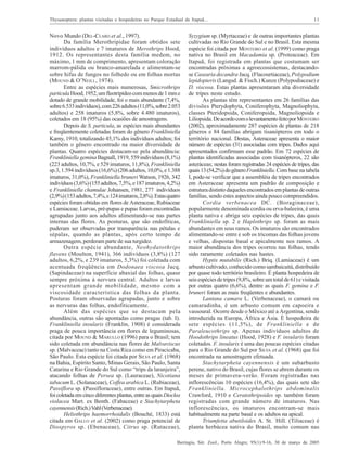 Thysanoptera: plantas visitadas e hospedeiras no Parque Estadual de Itapuã...

Novo Mundo (DEL-CLARO et al., 1997).
Da família Merothripidae foram obtidos sete
indivíduos adultos e 7 imaturos de Merothrips Hood,
1912. Os representantes desta família medem, no
máximo, 1 mm de comprimento, apresentam coloração
marrom-pálida ou branco-amarelada e alimentam-se
sobre hifas de fungos no folhedo ou em folhas mortas
(MOUND & O’NEILL, 1974).
Entre as espécies mais numerosas, Smicrothrips
particula Hood, 1952, um fleotripídeo com menos de 1 mm e
dotado de grande mobilidade, foi o mais abundante (7,4%,
sobre 6.533 indivíduos), com 226 adultos (11,0%, sobre 2.053
adultos) e 258 imaturos (5,8%, sobre 4.480 imaturos),
coletados em 18 (95%) das ocasiões de amostragens.
Depois de S. particula, as espécies mais abundantes
e freqüentemente coletadas foram do gênero Frankliniella
Karny, 1910, totalizando 45,1% dos indivíduos adultos; foi
também o gênero encontrado na maior diversidade de
plantas. Quatro espécies destacam-se pela abundância:
Frankliniella gemina Bagnall, 1919, 559 indivíduos (8,1%)
(223 adultos, 10,7%, e 529 imaturos, 11,8%), Frankliniella
sp.3, 1.594 indivíduos (16,6%) (206 adultos, 10,0%, e 1.388
imaturos, 31,0%), Frankliniella bruneri Watson, 1926, 342
indivíduos (3,6%) (155 adultos, 7,5%, e 187 imaturos, 4,2%)
e Frankliniella chamulae Johansen, 1981, 277 indivíduos
(2,9%) (153 adultos, 7,4%, e 124 imaturos, 2,8%). Estas quatro
espécies foram obtidas em flores de Asteraceae, Rubiaceae
e Lamiaceae. Larvas, pré-pupas e pupas foram encontradas
agrupadas junto aos adultos alimentando-se nas partes
internas das flores. As posturas, que são endofíticas,
puderam ser observadas por transparência nas pétalas e
sépalas, quando as plantas, após certo tempo de
armazenagem, perderam parte de sua turgidez.
Outra espécie abundante, Neohydatothrips
flavens (Moulton, 1941), 366 indivíduos (3,8%) (127
adultos, 6,2%, e 239 imaturos, 5,3%) foi coletada com
acentuada freqüência em Dodonaea viscosa Jacq.
(Sapindaceae) na superfície abaxial das folhas, quase
sempre próxima à nervura central. Adultos e larvas
apresentam grande mobilidade, mesmo com a
viscosidade característica das folhas da planta.
Posturas foram observadas agrupadas, junto e sobre
as nervuras das folhas, endofiticamente.
Além das espécies que se destacam pela
abundância, outras são apontadas como pragas (tab. I).
Frankliniella insularis (Franklin, 1908) é considerada
praga de pouca importância em flores de leguminosas,
citada por MOUND & MARULLO (1996) para o Brasil; tem
sido coletada em abundância nas flores de Malvaviscus
sp. (Malvaceae) tanto na Costa Rica como em Piracicaba,
São Paulo. Esta espécie foi citada por SILVA et al. (1968)
na Bahia, Espírito Santo, Minas Gerais, São Paulo, Santa
Catarina e Rio Grande do Sul como “trips da laranjeira”,
atacando folhas de Persea sp. (Lauraceae), Nicotiana
tabacum L. (Solanaceae), Coffea arabica L. (Rubiaceae),
Passiflora sp. (Passifloraceae), entre outras. Em Itapuã,
foi coletada em cinco diferentes plantas, entre as quais Dioclea
violacea Mart. ex Benth. (Fabaceae) e Stachytarpheta
cayennensis (Rich.) Vahl (Verbenaceae).
Heliothrips haemorrhoidalis (Bouché, 1833) está
citada em GALLO et al. (2002) como praga potencial de
Diospyros sp. (Ebenaceae), Citrus sp. (Rutaceae),

11

Syzygium sp. (Myrtaceae) e de outras importantes plantas
cultivadas no Rio Grande do Sul e no Brasil. Esta mesma
espécie foi citada por MONTEIRO et al. (1999) como praga
nativa no Brasil em Macadamia sp. (Proteaceae). Em
Itapuã, foi registrada em plantas que costumam ser
encontradas próximas a agroecossistemas, destacandose Casearia decandra Jacq. (Flacourtiaceae), Polypodium
lepidopteris (Langsd. & Fisch.) Kunze (Polypodiaceae) e
D. viscosa. Estas plantas apresentaram alta diversidade
de tripes neste estudo.
As plantas têm representantes em 26 famílias das
divisões Pterydophyta, Coniferophyta, Magnoliophyta,
classes Pteridopsida, Coniferopsida, Magnoliopsida e
Liliopsida. De acordo com o levantamento feito por MONTEIRO
(2002), aproximadamente 287 espécies de plantas de 218
gêneros e 84 famílias abrigam tisanópteros em todo o
território nacional. Destas, Asteraceae apresenta o maior
número de espécies (31) associadas com tripes. Dados aqui
apresentados confirmam esse padrão. Em 72 espécies de
plantas identificadas associadas com tisanópteros, 22 são
asteráceas; nestas foram registradas 24 espécies de tripes, das
quais 13 (54,2%) do gênero Frankliniella. Com base na tabela
I, pode-se verificar que a assembléia de tripes encontrados
em Asteraceae apresenta um padrão de composição e
estrutura distinto daqueles encontrados em plantas de outras
famílias, sendo estes aspectos ainda pouco compreendidos.
Cordia verbenacea DC. (Boraginaceae),
popularmente denominada cordia ou erva-baleeira, é uma
planta nativa e abriga seis espécies de tripes, das quais
Frankliniella sp. 2 e Haplothrips sp. foram as mais
abundantes em seus ramos. Os imaturos são encontrados
alimentando-se entre e sob os tricomas das folhas jovens
e velhas, dispostas basal e apicalmente nos ramos. A
maior abundância dos tripes ocorreu nas folhas, tendo
sido raramente coletados nas hastes.
Hyptis mutabilis (Rich.) Briq. (Lamiaceae) é um
arbusto cultivado, conhecido como sambaicaitá, distribuído
por quase todo território brasileiro. É planta hospedeira de
seis espécies de tripes (9,8%, sobre um total de 61) e visitada
por outras quatro (6,6%), dentre as quais F. gemina e F.
bruneri foram as mais freqüentes e abundantes.
Lantana camara L. (Verbenaceae), o camará ou
camaradinha, é um arbusto comum em capoeira e
vassoural. Ocorre desde o México até a Argentina, sendo
introduzida na Europa, África e Ásia. É hospedeira de
sete espécies (11,5%), de Frankliniella e de
Paraleucothrips sp. Apenas indivíduos adultos de
Hoodothrips lineatus (Hood, 1928) e F. insularis foram
coletados. F. insularis é uma das poucas espécies citadas
para o Rio Grande do Sul por SILVA et al. (1968) que foi
encontrada na amostragem efetuada.
Stachytarpheta cayennensis é um subarbusto
perene, nativo do Brasil, cujas flores se abrem durante os
meses de primavera-verão. Foram registradas nas
inflorescências 10 espécies (16,4%), das quais sete são
Frankliniella. Microcephalothrips abdominalis
Crawford, 1910 e Ceratothripoides sp. também foram
registradas com grande número de imaturos. Nas
inflorescências, os imaturos encontram-se mais
habitualmente na parte basal e os adultos na apical.
Triumfetta abutiloides A. St. Hill. (Tiliaceae) é
planta herbácea nativa do Brasil, muito comum nas

Iheringia, Sér. Zool., Porto Alegre, 95(1):9-16, 30 de março de 2005

 