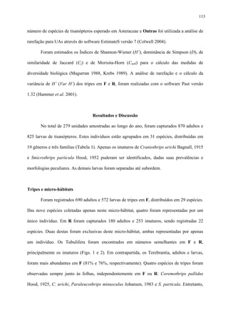 113

número de espécies de tisanópteros esperado em Asteraceae e Outras foi utilizada a análise de
rarefação para UAs através do software EstimateS versão 7 (Colwell 2004).
Foram estimados os Índices de Shannon-Wiener (H’), dominância de Simpson (D), de
similaridade de Jaccard (Cj) e de Morisita-Horn (CmH) para o cálculo das medidas de
diversidade biológica (Magurran 1988, Krebs 1989). A análise de rarefação e o cálculo da
variância de H’ (Var H’) dos tripes em F e R, foram realizadas com o software Past versão
1.32 (Hammer et al. 2001).

Resultados e Discussão
No total de 279 unidades amostradas ao longo do ano, foram capturados 870 adultos e
825 larvas de tisanópteros. Estes indivíduos estão agrupados em 31 espécies, distribuídas em
19 gêneros e três famílias (Tabela 1). Apenas os imaturos de Craniothrips urichi Bagnall, 1915
e Smicrothrips particula Hood, 1952 puderam ser identificados, dadas suas prevalências e
morfologias peculiares. As demais larvas foram separadas até subordem.

Tripes e micro-hábitats
Foram registrados 690 adultos e 572 larvas de tripes em F, distribuídos em 29 espécies.
Das nove espécies coletadas apenas neste micro-hábitat, quatro foram representadas por um
único indivíduo. Em R foram capturados 180 adultos e 253 imaturos, sendo registradas 22
espécies. Duas destas foram exclusivas deste micro-hábitat, ambas representadas por apenas
um indivíduo. Os Tubulifera foram encontrados em números semelhantes em F e R,
principalmente os imaturos (Figs. 1 e 2). Em contrapartida, os Terebrantia, adultos e larvas,
foram mais abundantes em F (81% e 76%, respectivamente). Quatro espécies de tripes foram
observadas sempre junto às folhas, independentemente em F ou R: Coremothrips pallidus
Hood, 1925, C. urichi, Paraleucothrips minusculus Johansen, 1983 e S. particula. Entretanto,

 