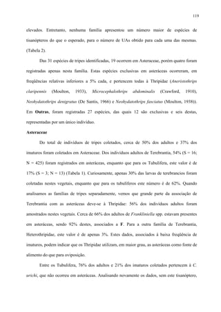 119

elevados. Entretanto, nenhuma família apresentou um número maior de espécies de
tisanópteros do que o esperado, para o número de UAs obtido para cada uma das mesmas.
(Tabela 2).
Das 31 espécies de tripes identificadas, 19 ocorrem em Asteraceae, porém quatro foram
registradas apenas nesta família. Estas espécies exclusivas em asteráceas ocorreram, em
freqüências relativas inferiores a 5% cada, e pertencem todas à Thripidae (Aneristothrips
claripennis

(Moulton,

1933),

Microcephalothrips

abdominalis

(Crawford,

1910),

Neohydatothrips denigratus (De Santis, 1966) e Neohydatothrips fasciatus (Moulton, 1938)).
Em Outras, foram registradas 27 espécies, das quais 12 são exclusivas e seis destas,
representadas por um único indivíduo.
Asteraceae
Do total de indivíduos de tripes coletados, cerca de 50% dos adultos e 37% dos
imaturos foram coletados em Asteraceae. Dos indivíduos adultos de Terebrantia, 54% (S = 16;
N = 425) foram registrados em asteráceas, enquanto que para os Tubulifera, este valor é de
17% (S = 3; N = 13) (Tabela 1). Curiosamente, apenas 30% das larvas de terebrancios foram
coletadas nestes vegetais, enquanto que para os tubulíferos este número é de 62%. Quando
analisamos as famílias de tripes separadamente, vemos que grande parte da associação de
Terebrantia com as asteráceas deve-se à Thripidae: 56% dos indivíduos adultos foram
amostrados nestes vegetais. Cerca de 66% dos adultos de Frankliniella spp. estavam presentes
em asteráceas, sendo 92% destes, associados a F. Para a outra família de Terebrantia,
Heterothripidae, este valor é de apenas 3%. Estes dados, associados à baixa freqüência de
imaturos, podem indicar que os Thripidae utilizam, em maior grau, as asteráceas como fonte de
alimento do que para oviposição.
Entre os Tubulifera, 76% dos adultos e 21% dos imaturos coletados pertencem à C.
urichi, que não ocorreu em asteráceas. Analisando novamente os dados, sem este tisanóptero,

 