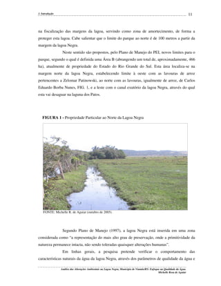 11

1. Introdução

na fiscalização das margens da lagoa, servindo como zona de amortecimento, de forma a
proteger esta lagoa. Cabe salientar que o limite do parque ao norte é de 100 metros a partir da
margem da lagoa Negra.
Neste sentido são propostos, pelo Plano de Manejo do PEI, novos limites para o
parque, segundo o qual é definida uma Área B (abrangendo um total de, aproximadamente, 466
ha), atualmente de propriedade do Estado do Rio Grande do Sul. Esta área localiza-se na
margem norte da lagoa Negra, estabelecendo limite à oeste com as lavouras de arroz
pertencentes a Zelomar Patinowski, ao norte com as lavouras, igualmente de arroz, de Carlos
Eduardo Borba Nunes, FIG. 1, e a leste com o canal exutório da lagoa Negra, através do qual
esta vai desaguar na laguna dos Patos.

FIGURA 1 - Propriedade Particular ao Norte da Lagoa Negra

FONTE: Michelle R. de Aguiar (outubro de 2005).

Segundo Plano de Manejo (1997), a lagoa Negra está inserida em uma zona
considerada como “a representação do mais alto grau de preservação, onde a primitividade da
natureza permanece intacta, não sendo toleradas quaisquer alterações humanas”.
Em linhas gerais, a pesquisa pretende verificar o comportamento das
características naturais da água da lagoa Negra, através dos parâmetros de qualidade da água e
Análise das Alterações Ambientais na Lagoa Negra, Município de Viamão/RS: Enfoque na Qualidade da Água.
Michelle Rosa de Aguiar

 