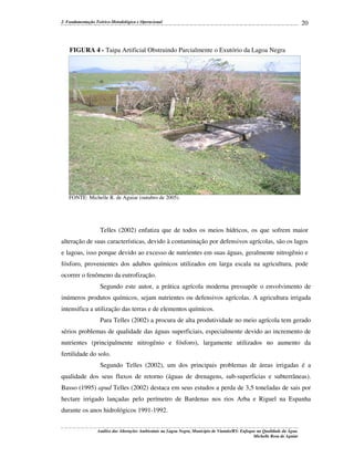 2. Fundamentação Teórico-Metodológica e Operacional

20

FIGURA 4 - Taipa Artificial Obstruindo Parcialmente o Exutório da Lagoa Negra

FONTE: Michelle R. de Aguiar (outubro de 2005).

Telles (2002) enfatiza que de todos os meios hídricos, os que sofrem maior
alteração de suas características, devido à contaminação por defensivos agrícolas, são os lagos
e lagoas, isso porque devido ao excesso de nutrientes em suas águas, geralmente nitrogênio e
fósforo, provenientes dos adubos químicos utilizados em larga escala na agricultura, pode
ocorrer o fenômeno da eutrofização.
Segundo este autor, a prática agrícola moderna pressupõe o envolvimento de
inúmeros produtos químicos, sejam nutrientes ou defensivos agrícolas. A agricultura irrigada
intensifica a utilização das terras e de elementos químicos.
Para Telles (2002) a procura de alta produtividade no meio agrícola tem gerado
sérios problemas de qualidade das águas superficiais, especialmente devido ao incremento de
nutrientes (principalmente nitrogênio e fósforo), largamente utilizados no aumento da
fertilidade do solo.
Segundo Telles (2002), um dos principais problemas de áreas irrigadas é a
qualidade dos seus fluxos de retorno (águas de drenagens, sub-superficias e subterrâneas).
Basso (1995) apud Telles (2002) destaca em seus estudos a perda de 3,5 toneladas de sais por
hectare irrigado lançadas pelo perímetro de Bardenas nos rios Arba e Riguel na Espanha
durante os anos hidrológicos 1991-1992.
Análise das Alterações Ambientais na Lagoa Negra, Município de Viamão/RS: Enfoque na Qualidade da Água.
Michelle Rosa de Aguiar

 