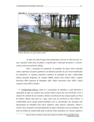 2. Fundamentação Teórico-Metodológica e Operacional

33

FIGURA 9 - Arroio Situado na Área do Hospital Colônia

FONTE: Michelle R. de Aguiar (julho de 2007).

As datas de coleta da água foram delimitadas com base na safra do arroz, ou
seja, a primeira coleta antes do plantio; a segunda após a efetivação do plantio e a terceira
coleta no início do período de colheita.
Para a verificação dos parâmetros de qualidade das águas foram realizadas
coletas superficiais de pontos qualitativos em diferentes períodos do ano. Foram identificados
em laboratório, os seguintes parâmetros analíticos de qualidade de água: condutividade
elétrica, demanda bioquímica de oxigênio (DBO), fósforo total, nitratos (NO3), oxigênio
dissolvido (OD), potencial de hidrogênio (pH), sólidos dissolvidos totais (SDT), sólidos
suspensos totais (SST) e turbidez.

•

Condutividade Elétrica: refere-se à concentração de eletrólitos, a qual determina a

capacidade da água em conduzir uma corrente elétrica através dos íons dissolvidos. Com o
aumento do conteúdo de sais ionizados, diminui a resistência de uma solução aquática ao fluxo
de elétrons. Quanto mais pura for a água, maior será sua resistência ao fluxo elétrico. A
condutividade possui grande proporcionalidade com as concentrações dos principais íons
determinantes da salinidade como cálcio, magnésio, sódio, potássio, carbonatos, sulfatos e
cloretos. Essa correlação existe principalmente em águas continentais ricas em carbonatos. Por
meio da medida da condutividade pode-se detectar fontes poluidoras nos sistemas aquáticos,
Análise das Alterações Ambientais na Lagoa Negra, Município de Viamão/RS: Enfoque na Qualidade da Água.
Michelle Rosa de Aguiar

 