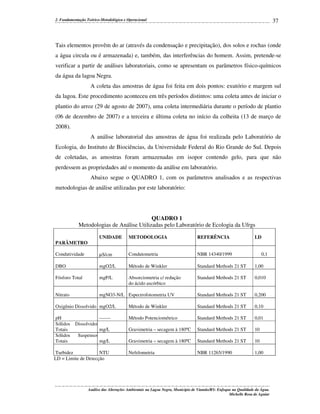 37

2. Fundamentação Teórico-Metodológica e Operacional

Tais elementos provêm do ar (através da condensação e precipitação), dos solos e rochas (onde
a água circula ou é armazenada) e, também, das interferências do homem. Assim, pretende-se
verificar a partir de análises laboratoriais, como se apresentam os parâmetros físico-químicos
da água da lagoa Negra.
A coleta das amostras de água foi feita em dois pontos: exutório e margem sul
da lagoa. Este procedimento aconteceu em três períodos distintos: uma coleta antes de iniciar o
plantio do arroz (29 de agosto de 2007), uma coleta intermediária durante o período de plantio
(06 de dezembro de 2007) e a terceira e última coleta no início da colheita (13 de março de
2008).
A análise laboratorial das amostras de água foi realizada pelo Laboratório de
Ecologia, do Instituto de Biociências, da Universidade Federal do Rio Grande do Sul. Depois
de coletadas, as amostras foram armazenadas em isopor contendo gelo, para que não
perdessem as propriedades até o momento da análise em laboratório.
Abaixo segue o QUADRO 1, com os parâmetros analisados e as respectivas
metodologias de análise utilizadas por este laboratório:

QUADRO 1
Metodologias de Análise Utilizadas pelo Laboratório de Ecologia da Ufrgs
UNIDADE

METODOLOGIA

REFERÊNCIA

LD

Condutividade

µS/cm

Condutometria

NBR 14340/1999

DBO

mgO2/L

Método de Winkler

Standard Methods 21 ST

1,00

Fósforo Total

mgP/L

Absorciometria c/ redução
do ácido ascórbico

Standard Methods 21 ST

0,010

Nitrato

mgNO3-N/L Espectrofotometria UV

Standard Methods 21 ST

0,200

PARÂMETRO
0,1

Oxigênio Dissolvido mgO2/L

Método de Winkler

Standard Methods 21 ST

0,10

pH
Sólidos
Totais
Sólidos
Totais

-------

Método Potenciométrico

Standard Methods 21 ST

0,01

mg/L

Gravimetria – secagem à 180ºC

Standard Methods 21 ST

10

mg/L

Gravimetria – secagem à 180ºC

Standard Methods 21 ST

10

Nefelometria

NBR 11265/1990

1,00

Dissolvidos
Suspensos

Turbidez
NTU
LD = Limite de Detecção

Análise das Alterações Ambientais na Lagoa Negra, Município de Viamão/RS: Enfoque na Qualidade da Água.
Michelle Rosa de Aguiar

 