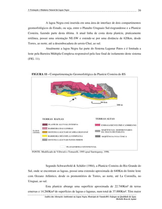 3. Formação e Dinâmica Natural da Lagoa Negra

39

A lagoa Negra está inserida em uma área de interface de dois compartimentos
geomorfológicos do Estado, ou seja, entre o Planalto Uruguaio Sul-riograndense e a Planície
Costeira, fazendo parte desta última. A atual linha de costa desta planície, praticamente
retilínea, possui uma orientação NE-SW e estende-se por uma distância de 620km, desde
Torres, ao norte, até a desembocadura do arroio Chuí, ao sul.
Atualmente a lagoa Negra faz parte do Sistema Lagunar Patos e é limitada a
leste pela Barreira Múltipla Complexa responsável pela fase final de isolamento deste sistema
(FIG. 11).

FIGURA 11 - Compartimentação Geomorfológica da Planície Costeira do RS

FONTE: Modificado de Villwock e Tomazelli, 1995 apud Suertegaray, 1996.

Segundo Schwarzbold & Schäfer (1984), a Planície Costeira do Rio Grande do
Sul, onde se encontram as lagoas, possui uma extensão aproximada de 640Km do limite leste
com Oceano Atlântico, desde os promontórios de Torres, ao norte, até La Coronilla, no
Uruguai, ao sul.
Esta planície abrange uma superfície aproximada de 22.740Km² de terras
emersas e 14.260Km² de superfícies de lagoas e lagunas, num total de 37.000Km². Têm maior
Análise das Alterações Ambientais na Lagoa Negra, Município de Viamão/RS: Enfoque na Qualidade da Água.
Michelle Rosa de Aguiar

 