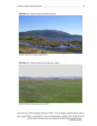 3. Formação e Dinâmica Natural da Lagoa Negra

43

FIGURA 12 - Vertente Sudeste do Morro da Grota

FONTE: Michelle R. de Aguiar (julho de 2007).

FIGURA 13 - Vertente Sudeste da Coxilha das Lombas

FONTE: Michelle R. de Aguiar (outubro de 2005).

variam de 5m a 263m. Segundo Fujimoto (1997), a área de Itapuã, especificamente onde se
situa a lagoa Negra, corresponde às áreas de sedimentação moderna sob a forma de terras
Análise das Alterações Ambientais na Lagoa Negra, Município de Viamão/RS: Enfoque na Qualidade da Água.
Michelle Rosa de Aguiar

 