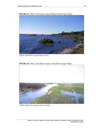 5. Análise dos Parâmetros de Qualidade da Água

FIGURA 23 - Ponto 1 de Coleta de Água, Margem Sul da Lagoa Negra

FONTE: Michelle R. de Aguiar (julho de 2007).

FIGURA 24 - Ponto 2 de Coleta de Água, no Exutório da Lagoa Negra

FONTE: Michelle R. de Aguiar (outubro de 2005).

Análise das Alterações Ambientais na Lagoa Negra, Município de Viamão/RS: Enfoque na Qualidade da Água.
Michelle Rosa de Aguiar

67

 