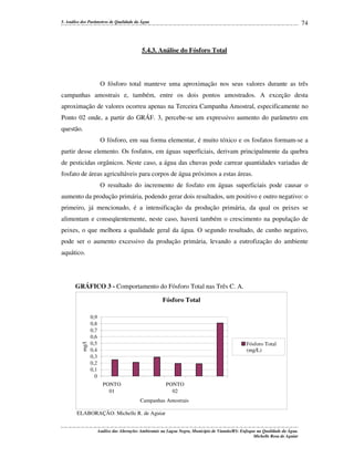74

5. Análise dos Parâmetros de Qualidade da Água

5.4.3. Análise do Fósforo Total

O fósforo total manteve uma aproximação nos seus valores durante as três
campanhas amostrais e, também, entre os dois pontos amostrados. A exceção desta
aproximação de valores ocorreu apenas na Terceira Campanha Amostral, especificamente no
Ponto 02 onde, a partir do GRÁF. 3, percebe-se um expressivo aumento do parâmetro em
questão.
O fósforo, em sua forma elementar, é muito tóxico e os fosfatos formam-se a
partir desse elemento. Os fosfatos, em águas superficiais, derivam principalmente da quebra
de pesticidas orgânicos. Neste caso, a água das chuvas pode carrear quantidades variadas de
fosfato de áreas agricultáveis para corpos de água próximos a estas áreas.
O resultado do incremento de fosfato em águas superficiais pode causar o
aumento da produção primária, podendo gerar dois resultados, um positivo e outro negativo: o
primeiro, já mencionado, é a intensificação da produção primária, da qual os peixes se
alimentam e conseqüentemente, neste caso, haverá também o crescimento na população de
peixes, o que melhora a qualidade geral da água. O segundo resultado, de cunho negativo,
pode ser o aumento excessivo da produção primária, levando a eutrofização do ambiente
aquático.

GRÁFICO 3 - Comportamento do Fósforo Total nas Três C. A.

mg/l

Fósforo Total
0,9
0,8
0,7
0,6
0,5
0,4
0,3
0,2
0,1
0

Fósforo Total
(mg/L)

PONTO
01

PONTO
02
Campanhas Amostrais

ELABORAÇÃO: Michelle R. de Aguiar
Análise das Alterações Ambientais na Lagoa Negra, Município de Viamão/RS: Enfoque na Qualidade da Água.
Michelle Rosa de Aguiar

 