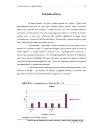 75

5. Análise dos Parâmetros de Qualidade da Água

5.4.4. Análise do Nitrato

As águas naturais, em geral, contêm nitratos em solução e, além disso,
principalmente tratando-se de águas que recebem esgotos, podem conter quantidades
variáveis de compostos mais complexos, ou menos oxidados, tais como: compostos orgânicos
quaternários, amônia e nitritos. Em geral, a presença destes denuncia a existência de poluição
recente, uma vez que essas substâncias são oxidadas rapidamente na água, graças
principalmente à presença de bactérias nitrificantes. Por essa razão, constituem um importante
índice da presença de despejos orgânicos recentes.
O nitrato (NO3) é uma forma comum de nitrogênio nas águas, mas os níveis
normais não costumam exceder a 0,1mg/l como nitrogênio. Em lagos e/ou lagoas, os níveis de
nitrato superiores a 2,0mg/l tendem a eutrofizar o meio. A poluição destes mananciais e,
também, de mananciais subterrâneos, é decorrente principalmente do arraste de fertilizantes,
entre outras formas de poluição. As reações do nitrato nas águas doce podem resultar na
diminuição do oxigênio nestas águas, levando a morte dos organismos aquáticos dependentes
da disponibilidade de oxigênio do manancial.
O nitrato apresentou valores aproximados nas três campanhas amostrais, como
evidencia o GRÁF. 4. No entanto, na Terceira Campanha Amostral o resultado deste
parâmetro, no Ponto 02, foi bastante elevado se comparado aos anteriores.

GRÁFICO 4 - Comportamento do Nitrato nas Três C. A.
Nitrato
6
5
mg/l

4
3

Nitrato (mg/L)

2
1
0
PONTO
01

PONTO
02
Campanhas Amostrais

ELABORAÇÃO: Michelle R. de Aguiar
Análise das Alterações Ambientais na Lagoa Negra, Município de Viamão/RS: Enfoque na Qualidade da Água.
Michelle Rosa de Aguiar

 